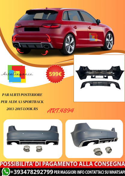 💫ART.4894 Paraurti Posteriore per Audi A3 Sportback 2013-2015 Look RS💫