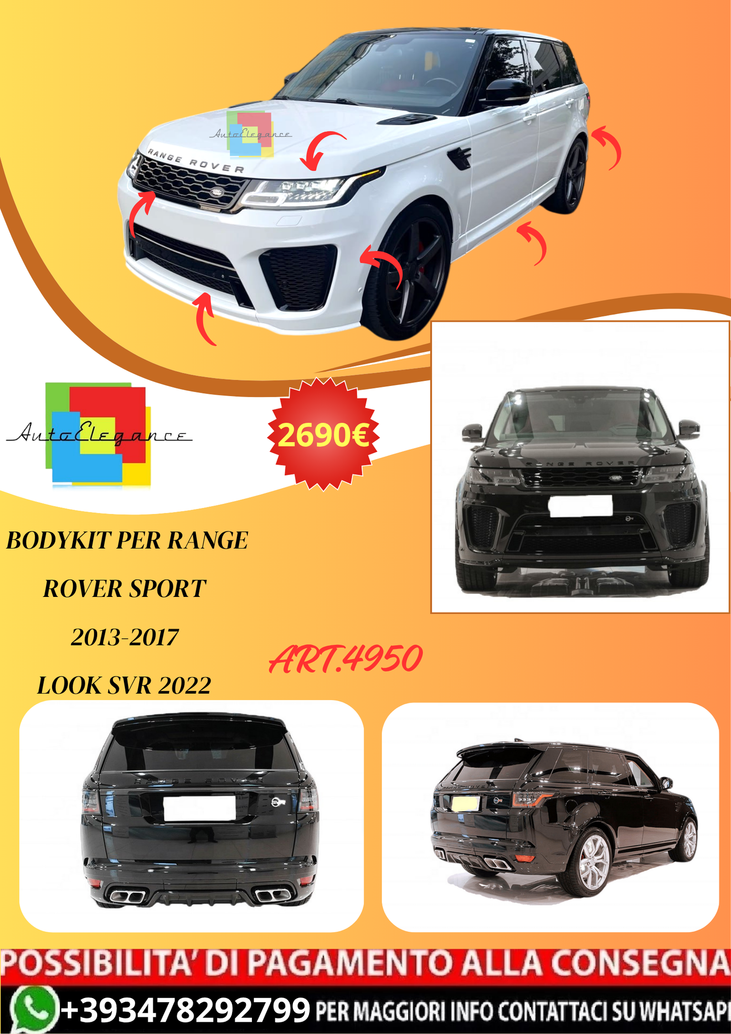 💫ART.4950 Bodykit per Range Rover Sport 2013-2017 look SVR 2022💫