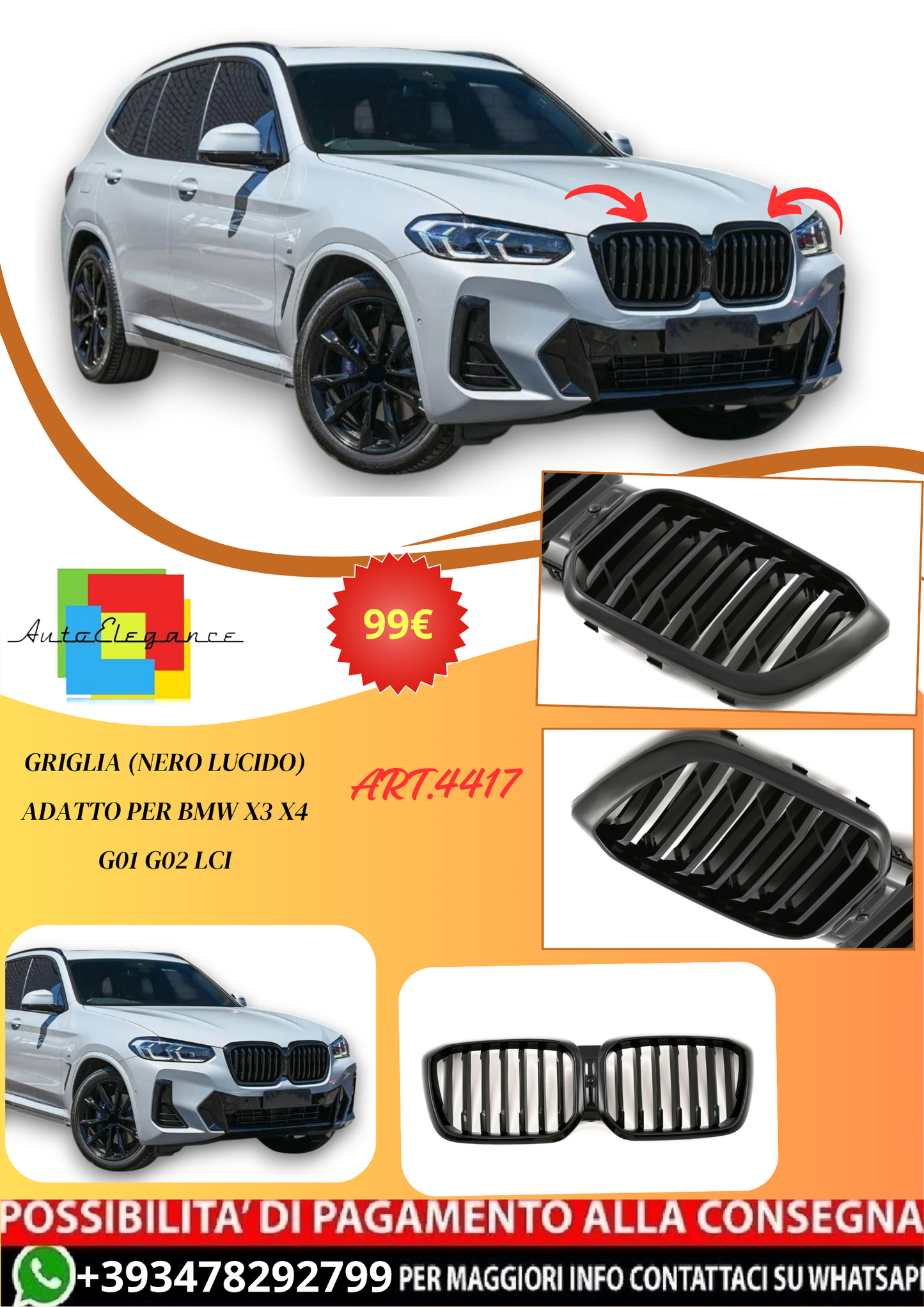 💫ART.4417 Griglia (NERO LUCIDO) Adatto per BMW X3 X4 G01 G02 LCI💫