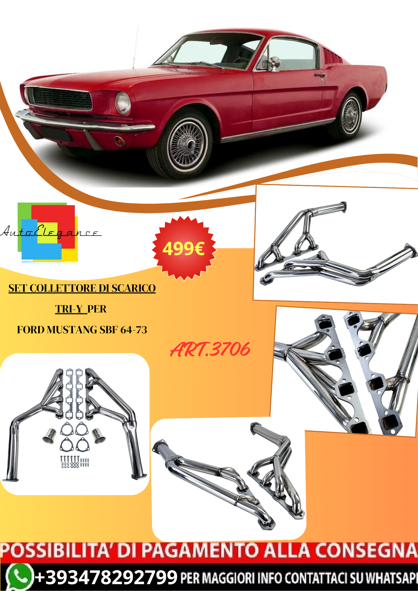 💫ART.3706 Set collettore di scarico Tri-Y per Ford Mustang SBF 260 302 64-70💫