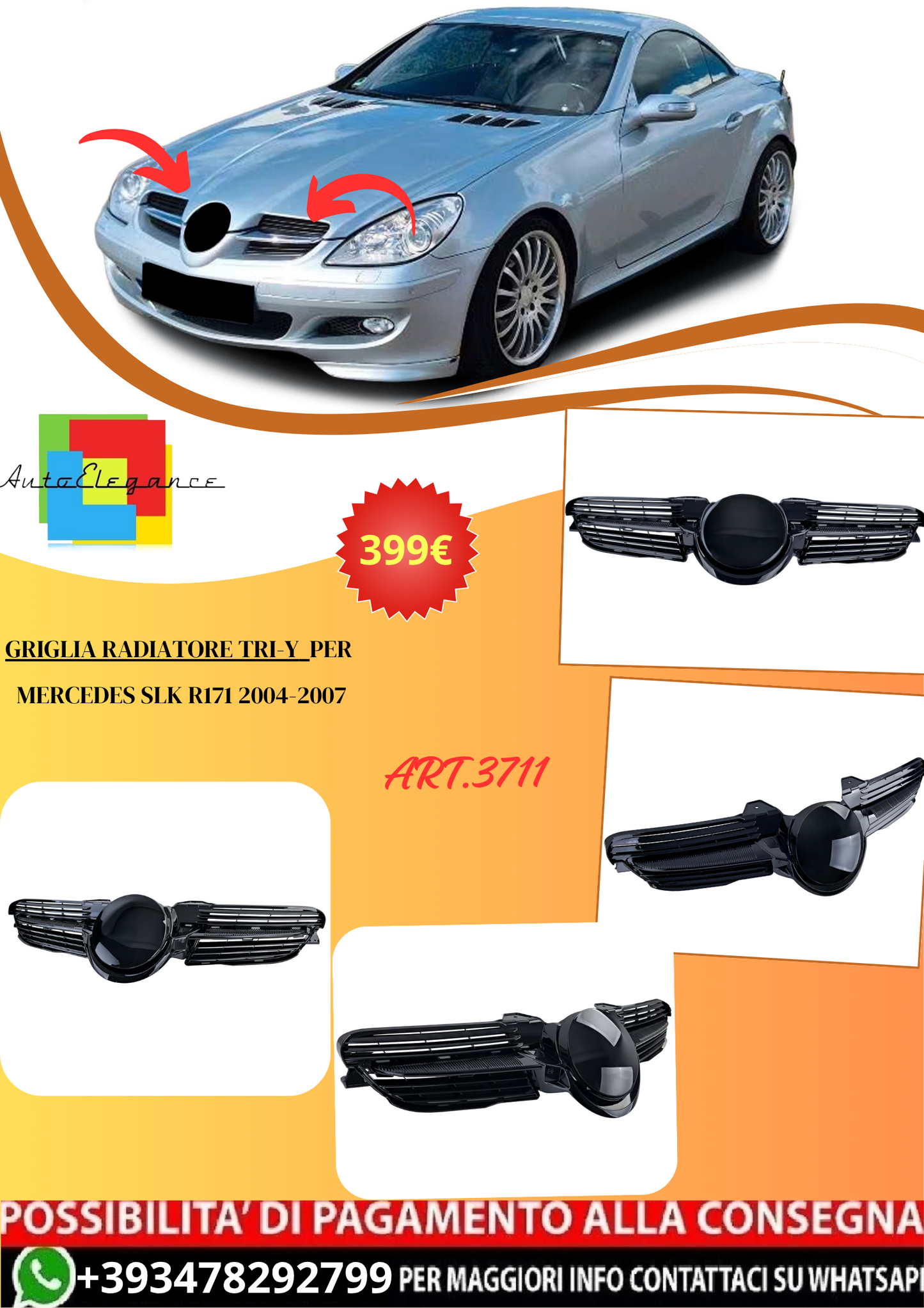 💫ART.3711 Griglia Radiatore Nera Lucida adatta per Mercedes SLK R171 04-07💫