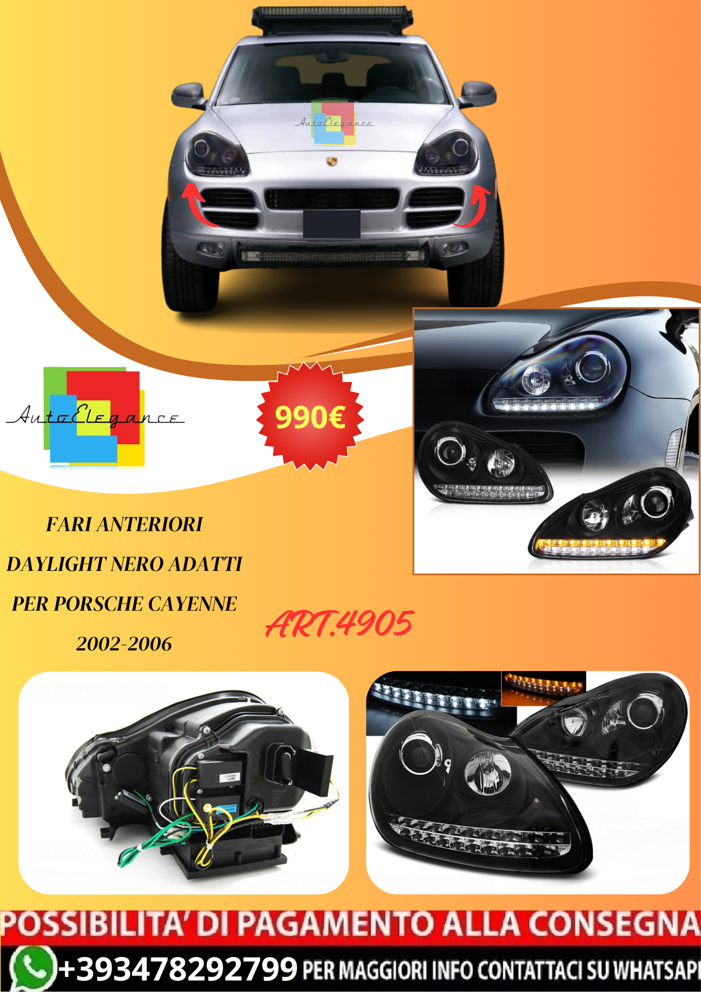 💫ART.4905 FARI ANTERIORI DAYLIGHT NERO adatti per PORSCHE CAYENNE 2002-2006💫