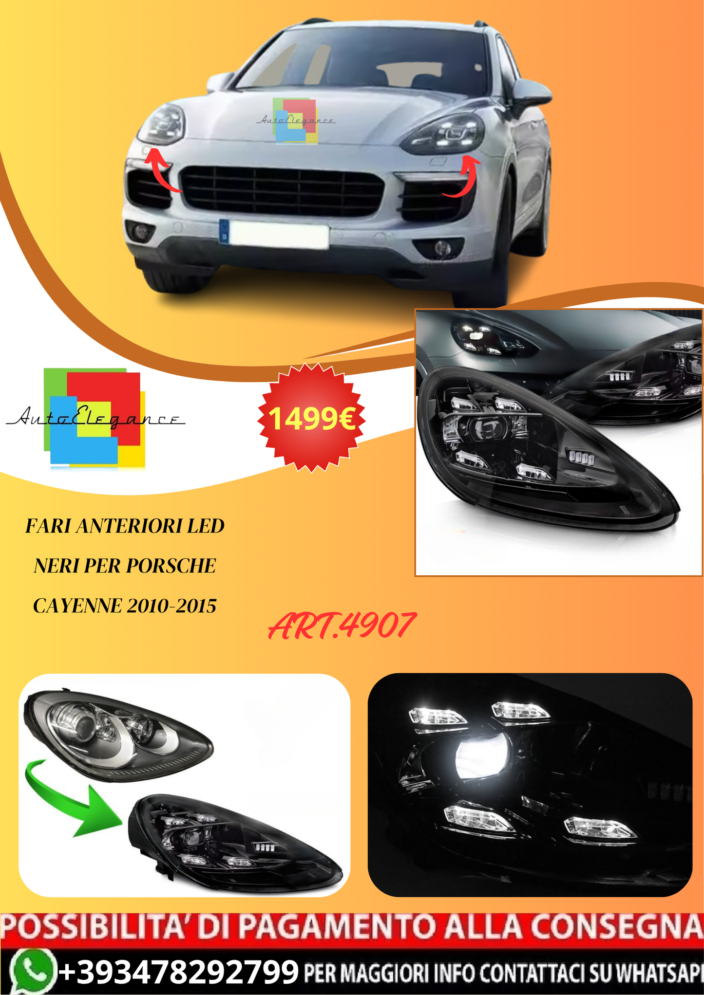 💫ART.4907 Fari Anteriori LED NERI per Porsche Cayenne 2010-2015💫