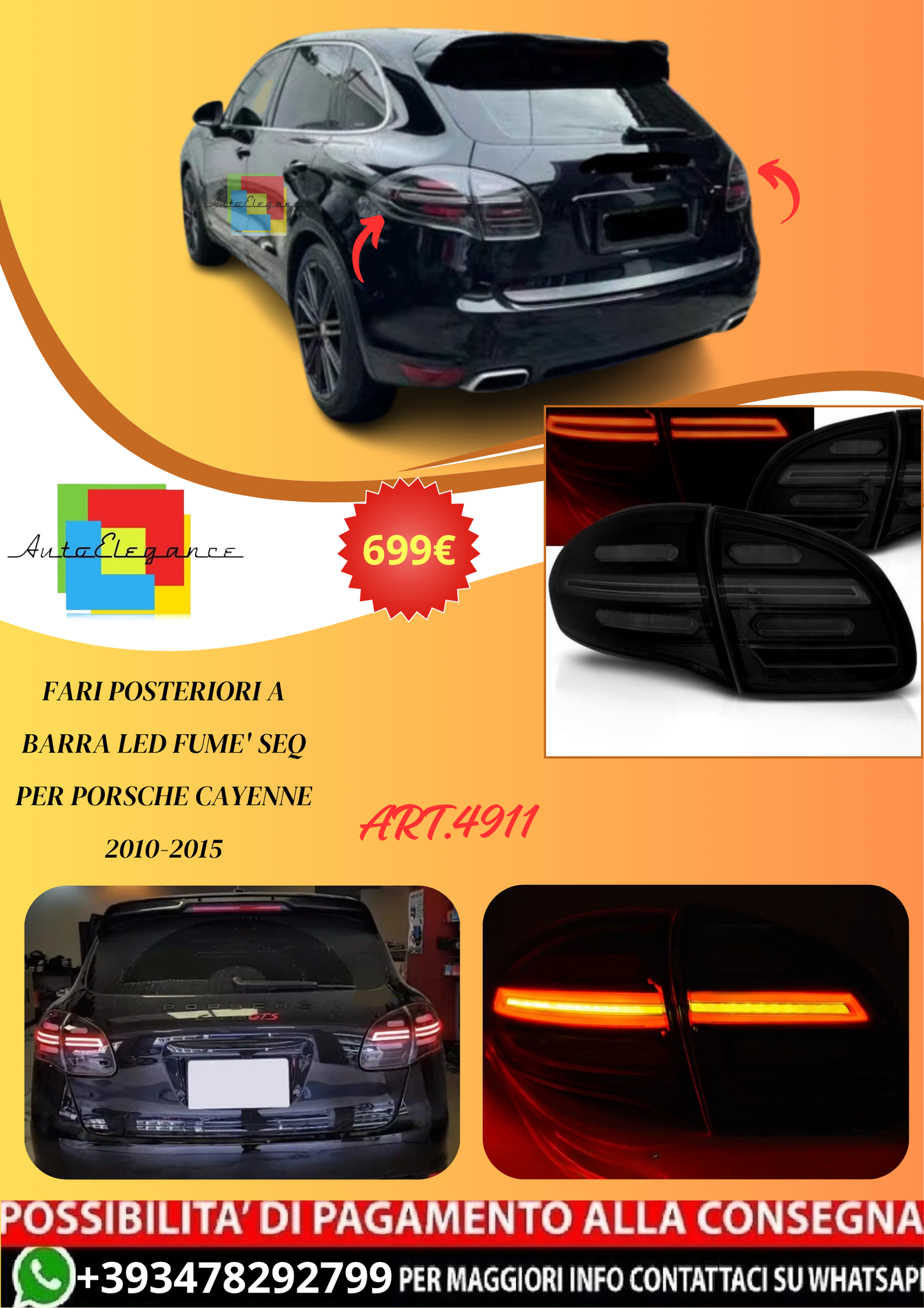 💫ART.4911 Fari Posteriori a Barra LED Fume' SEQ per Porsche Cayenne 2010-2015💫