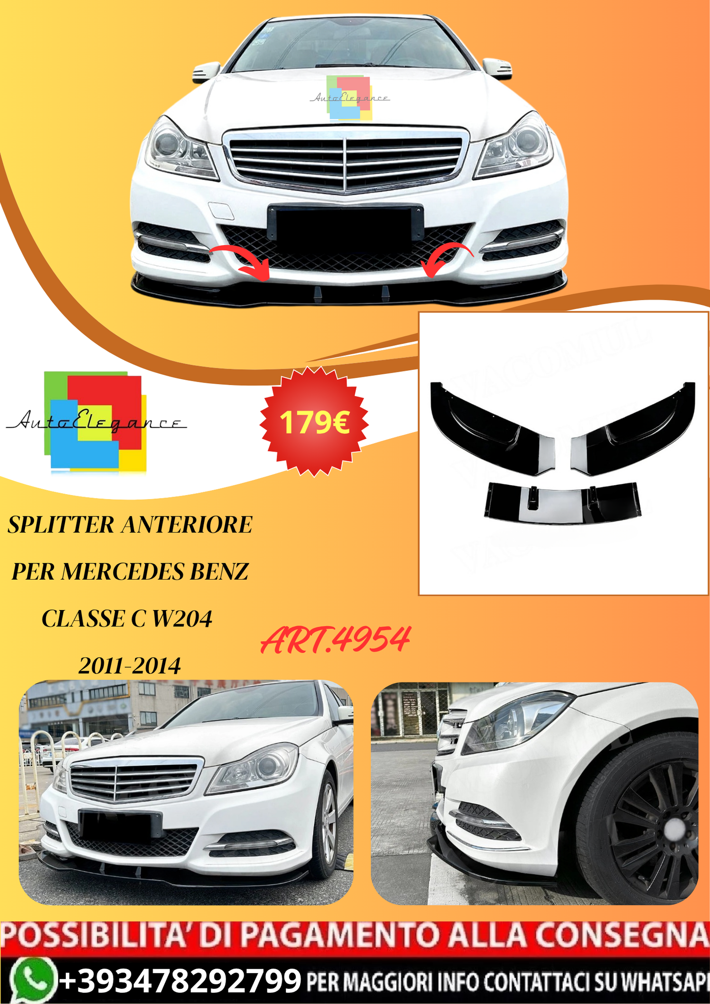 💫ART.4954 Splitter Anteriore per Mercedes Benz Classe C W204 2011-2014💫