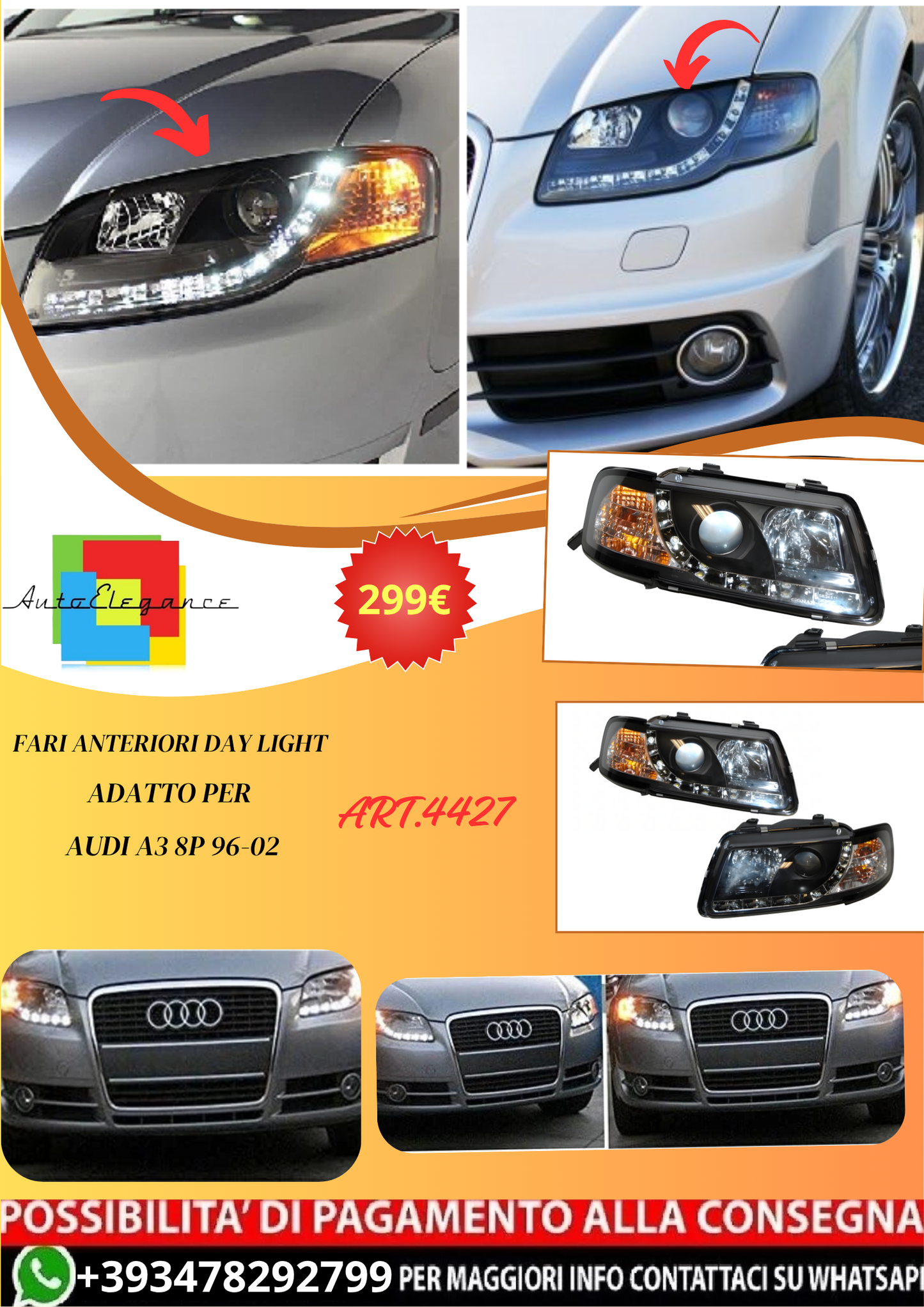 💫ART.4427 Fari Anteriori Day Light adatto per Audi A3 8P 96-02 💫