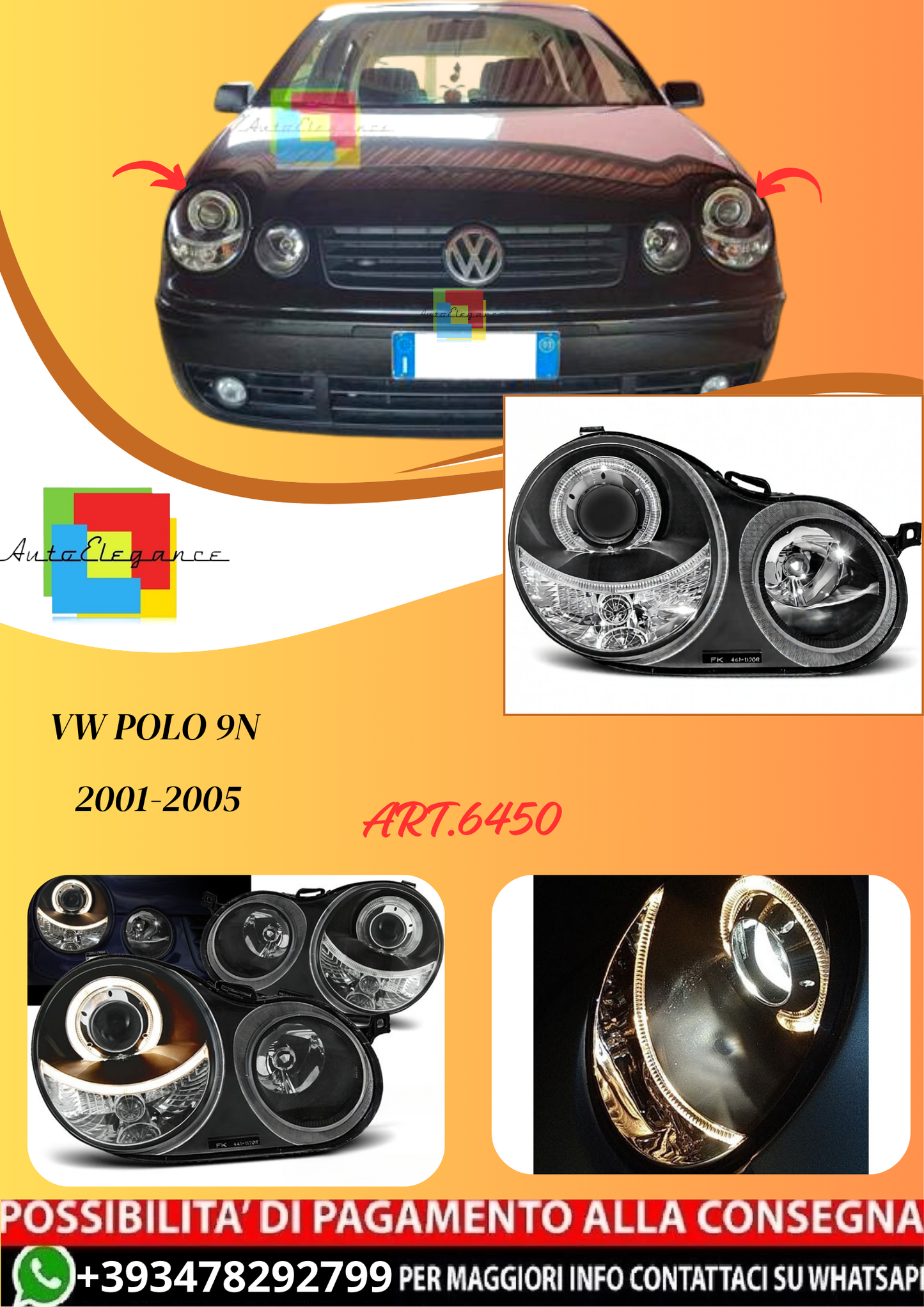 💫ART.6450 FARI OCCHI D'ANGELO NERI per VW POLO 9N 2001-2005💫