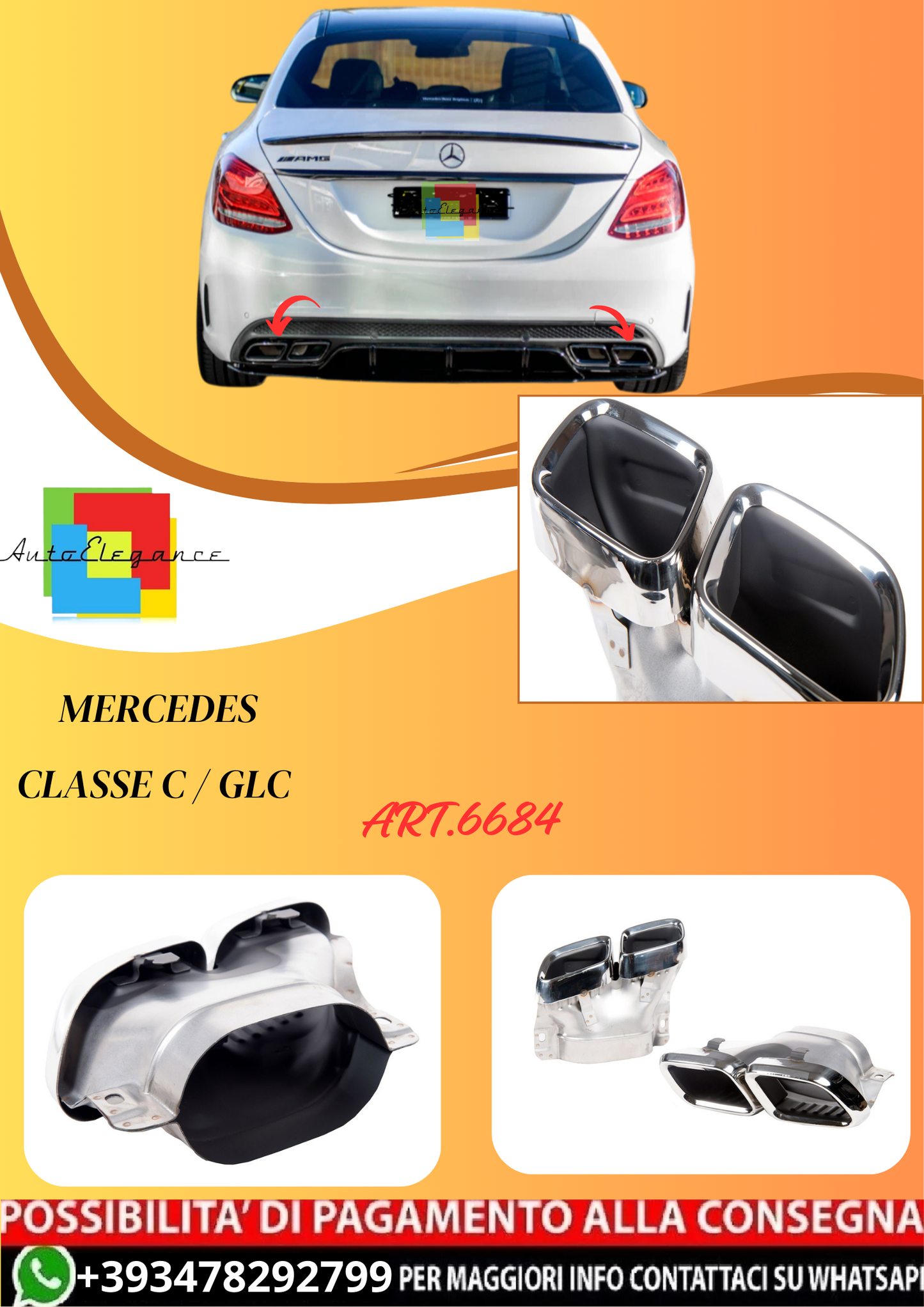 💫ART.6684 TERMINALI DI SCARICO Cromati C63 AMG Look per Classe C / GLC 💫