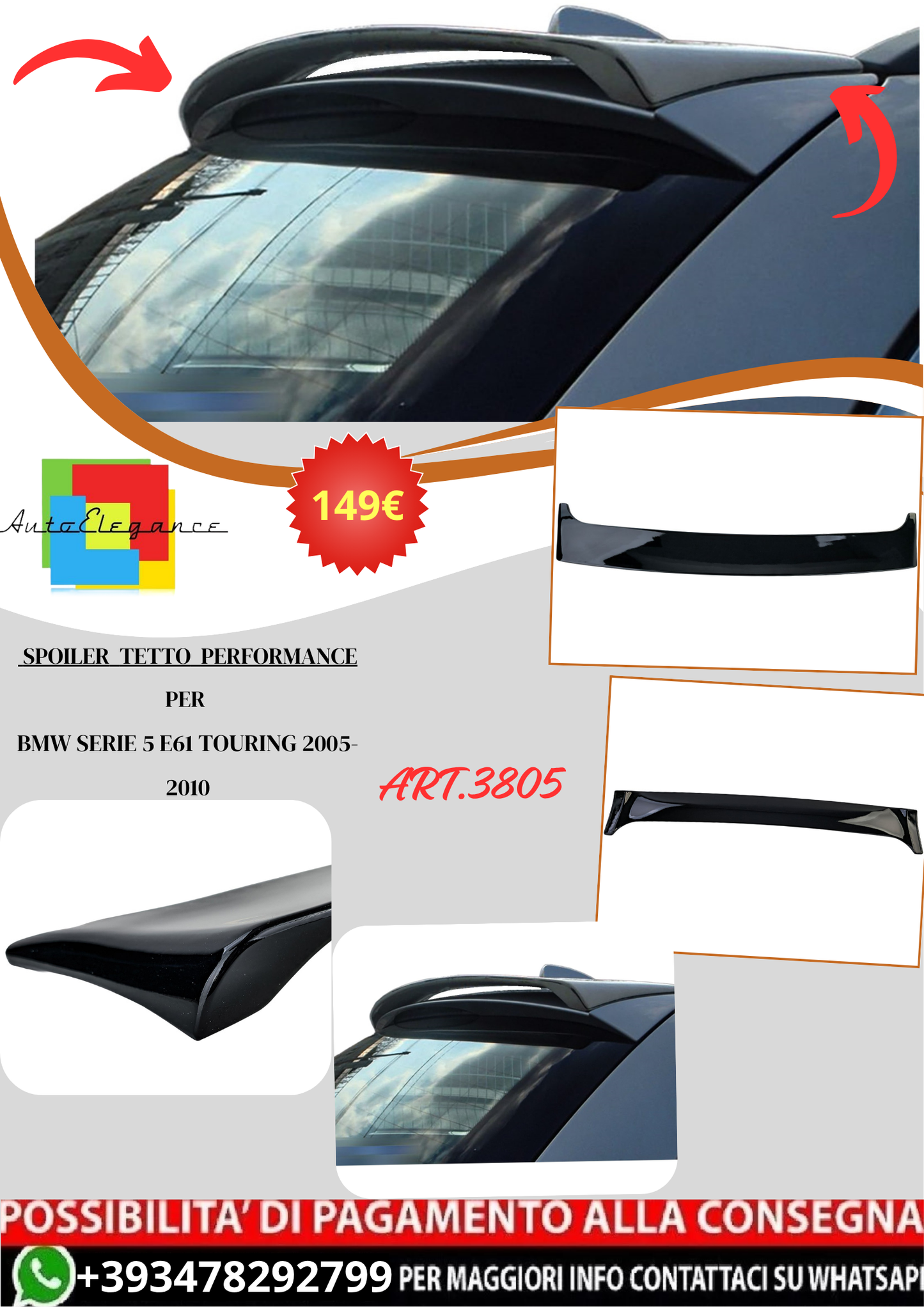 💫ART.3805 Spoiler Tetto Performance per BMW Serie 5 E61 Touring 2005-2010 💫