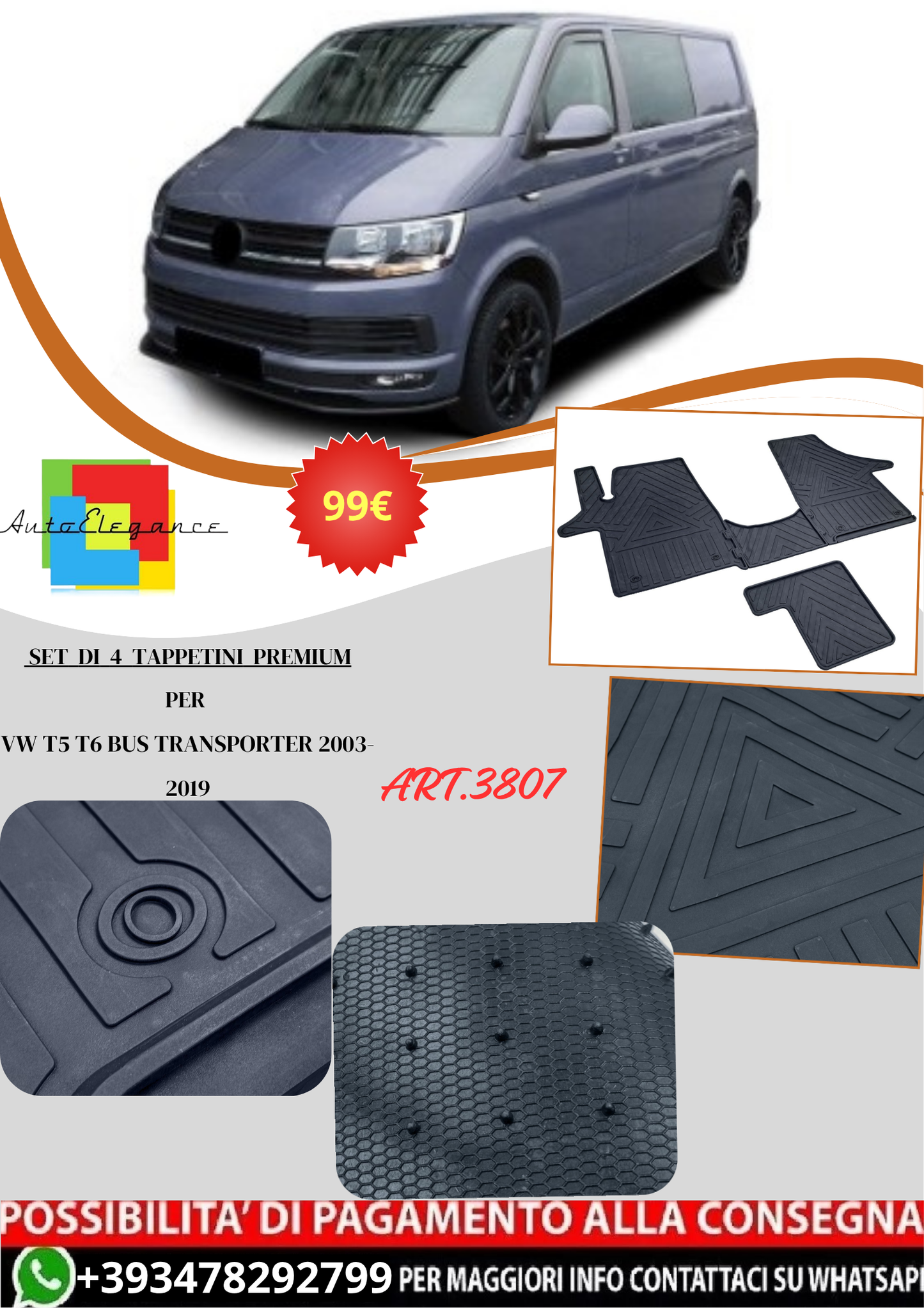 💫ART.3807 Set di 4 Tappetini Premium per VW T5 T6 Bus Transporter 2003-2019💫