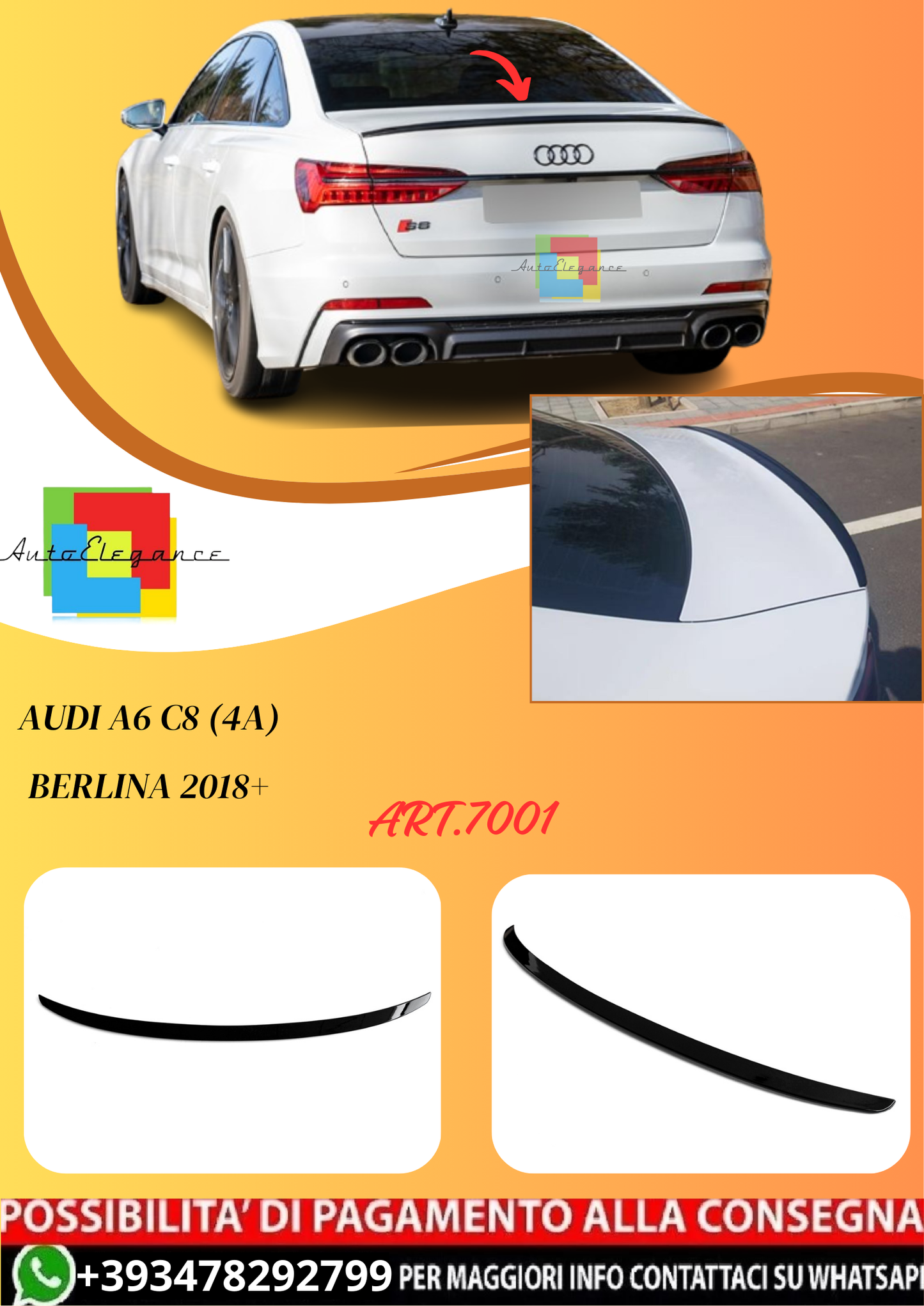 💫ART.7001 Spoiler Posteriore Stile S6 per Audi A6 C8 (4A) Berlina 2018+💫