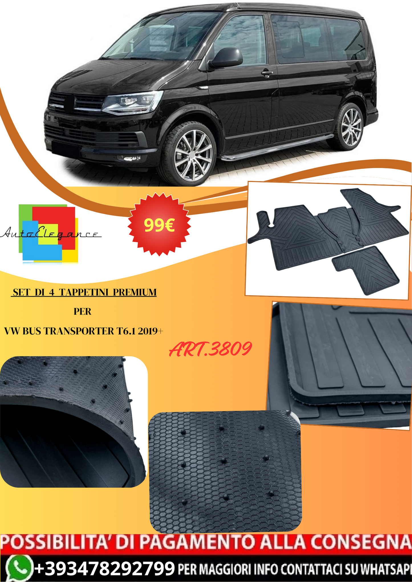 💫ART.3809 Set di 4 Tappetini in gomma Premium per VW Bus Transporter T6 2019+💫