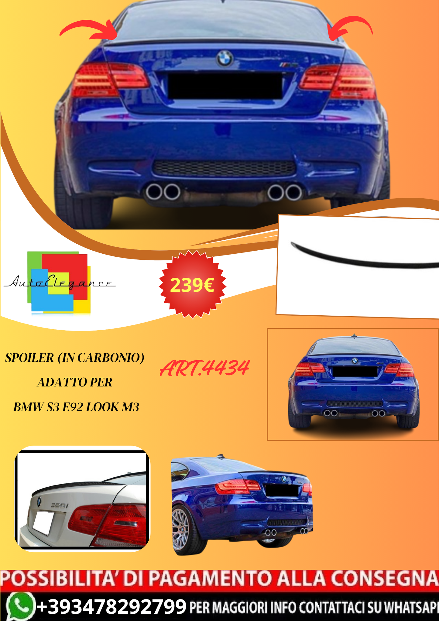 💫ART.4434 Spoiler (In Carbonio) adatto per BMW S3 E92 Look M3💫
