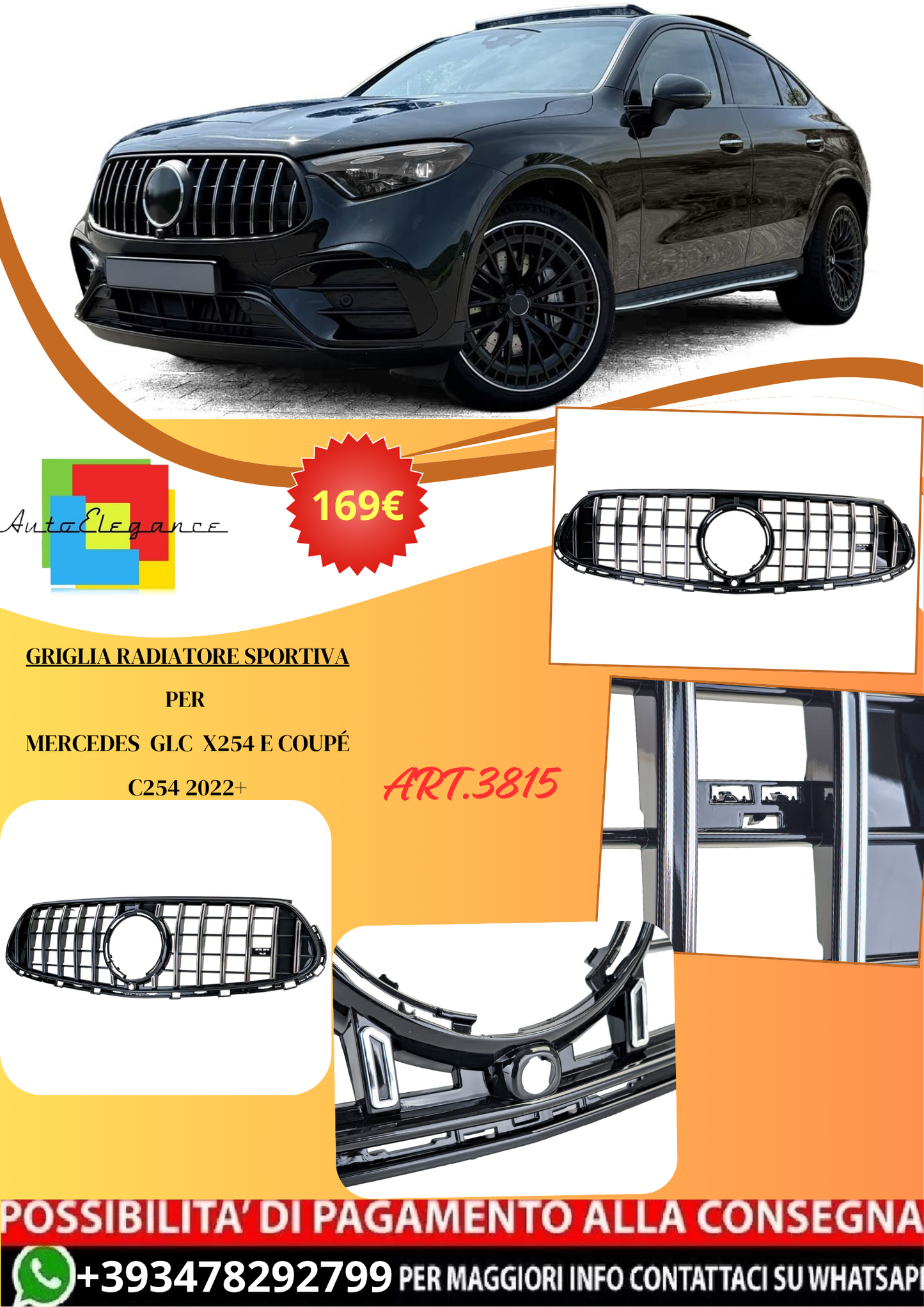 💫ART.3815 Griglia Radiatore Sportiva Nera Cromata per Mercedes GLC X254 2022+💫