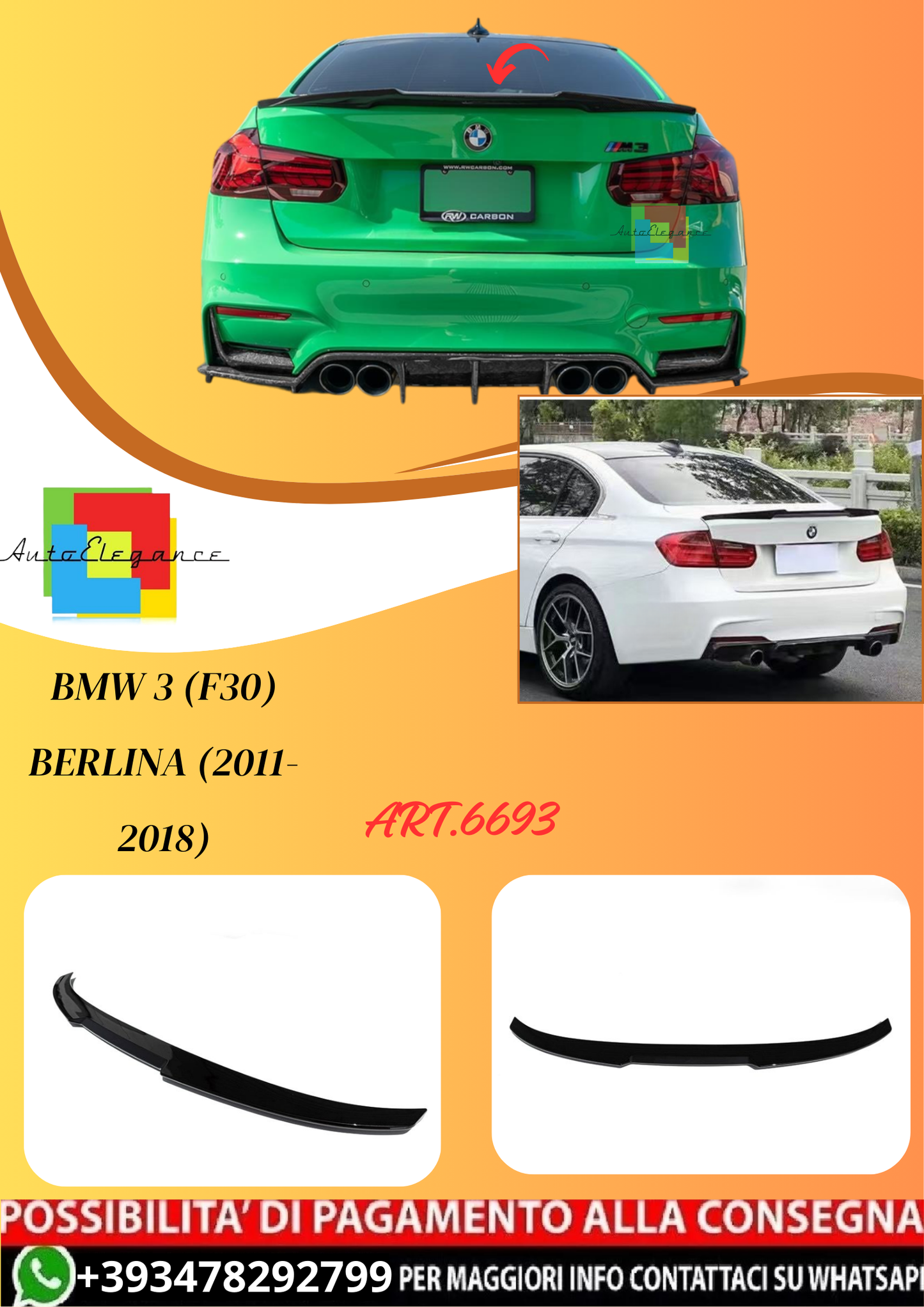 💫ART.6693 Spoiler Posteriore M4 Look per BMW 3 (F30) Berlina (2011-2018)💫