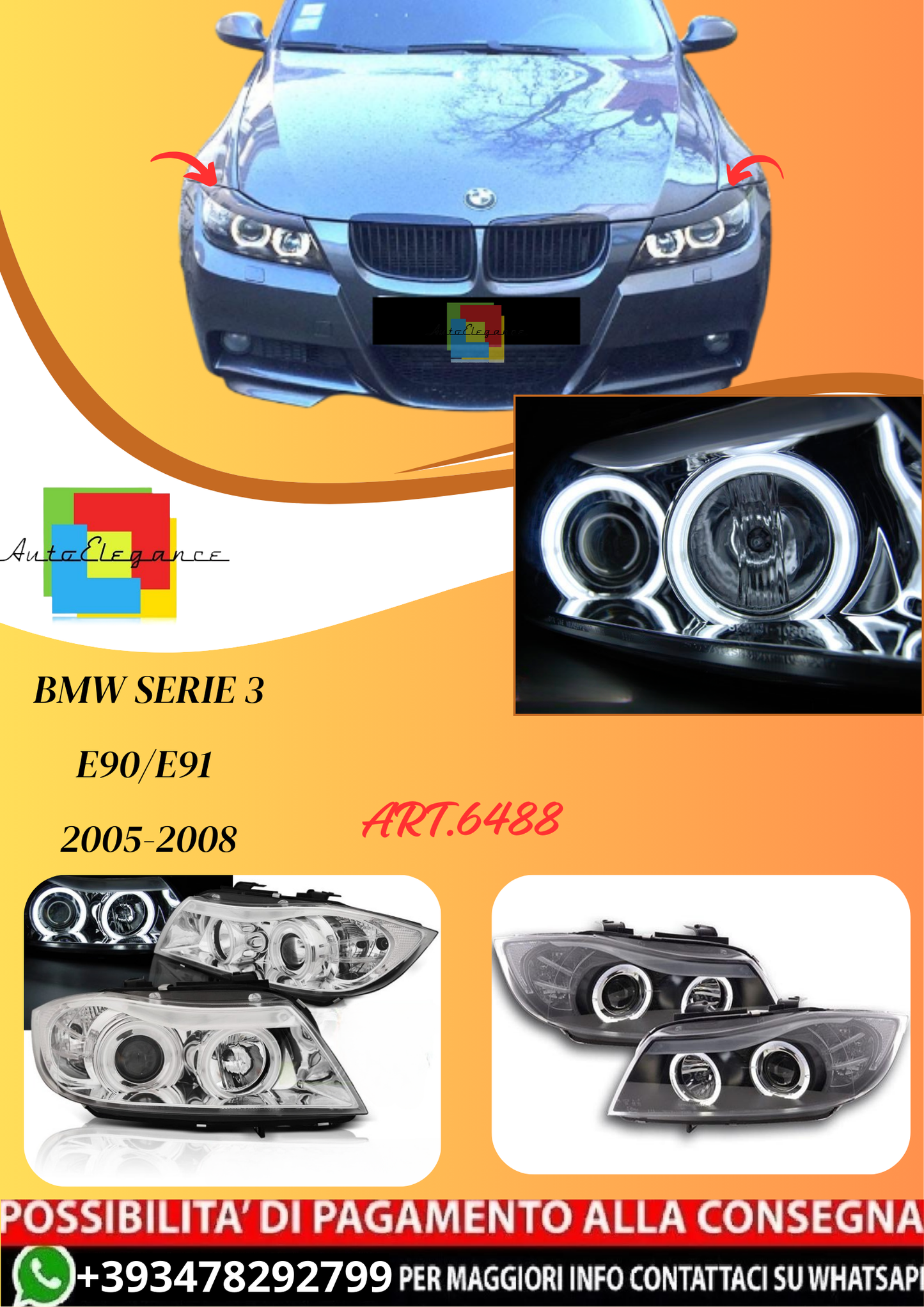 💫ART.6488 LPBMH6 FARI OCCHI D'ANGELO CCFL CHROME per BMW E90/E91 2005-2008💫