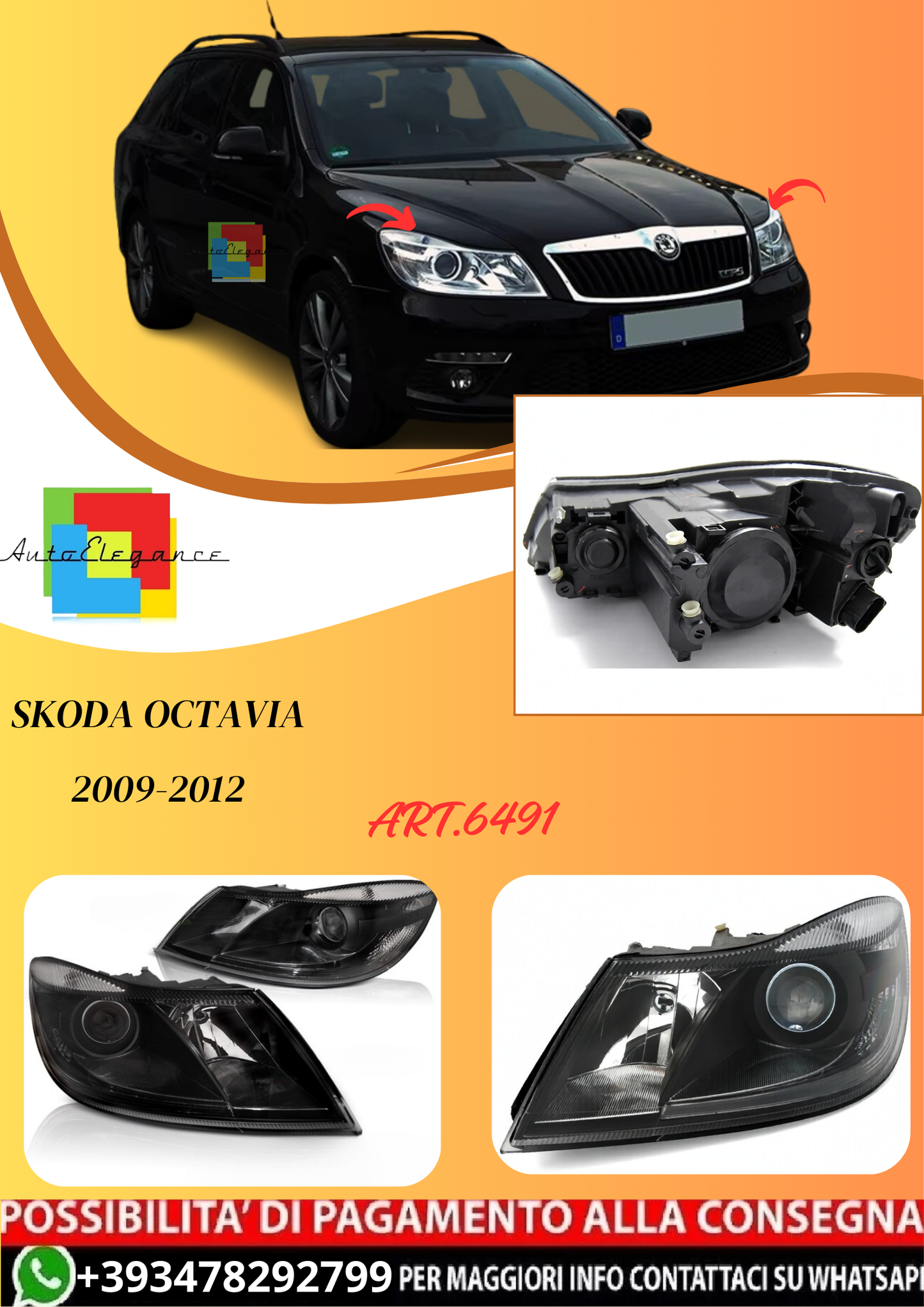 💫ART.6491 LPSK26 FARI ANTERIORI NERI per SKODA OCTAVIA 2009-2012💫