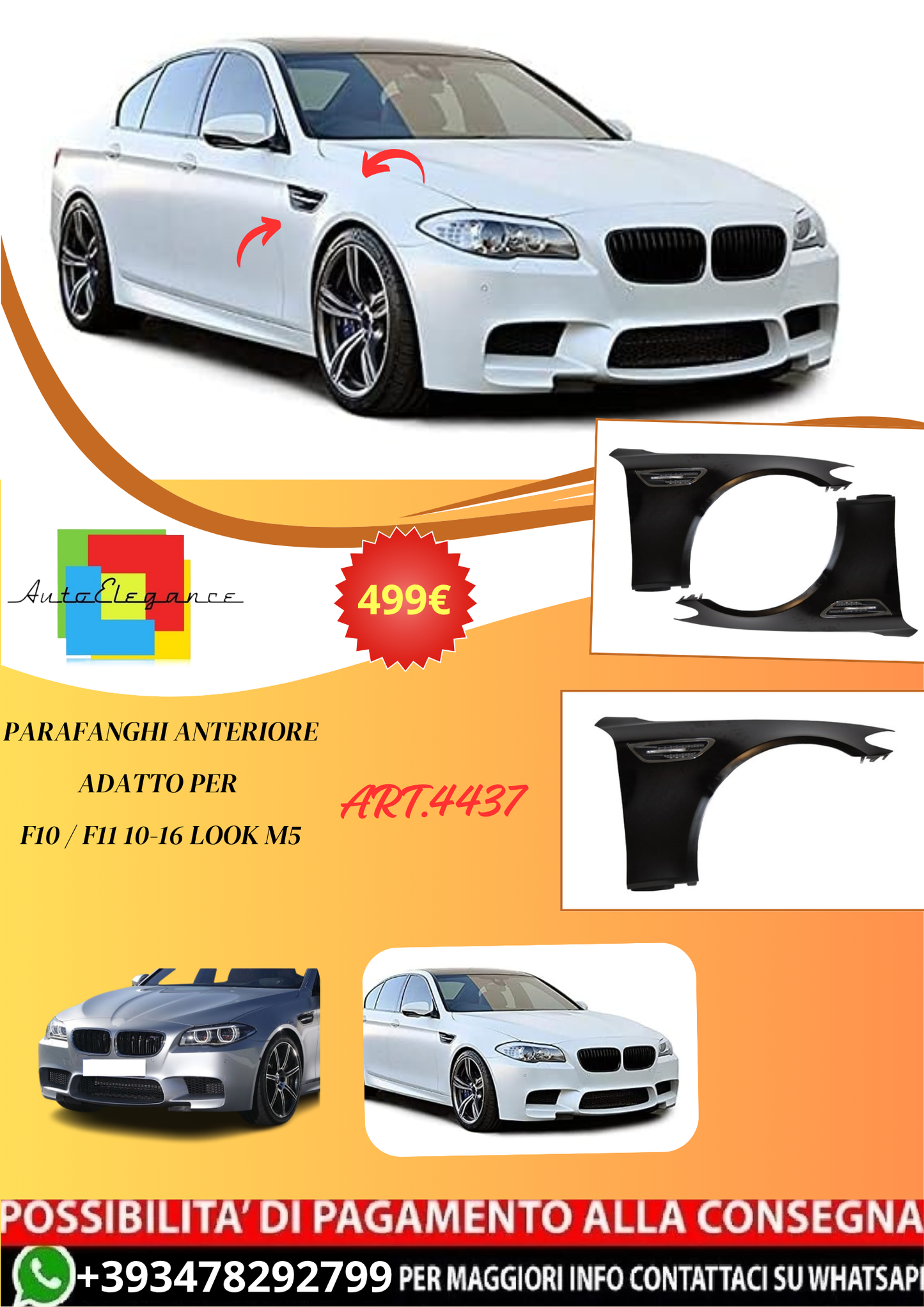 💫ART.4437 Parafanghi Anteriore adatto per BMW F10 / F11 10-16 Look M5💫