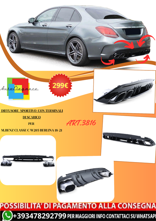 💫ART.3816 Diffusore Sportivo con Terminali Di Scarico per M.Benz C W205 18-21💫
