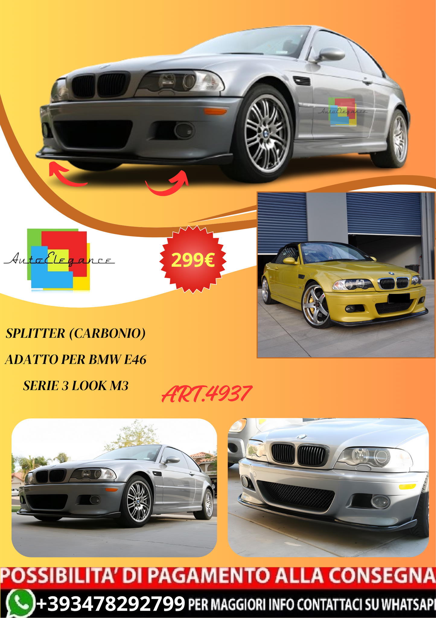 💫ART.4937 Splitter (Carbonio) adatto per BMW E46 Serie 3 Look M3💫