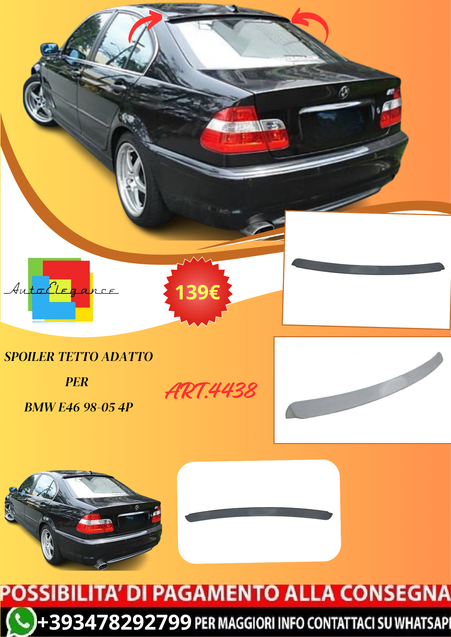 💫ART.4438 Spoiler Tetto adatto per BMW E46 98-05 4P💫