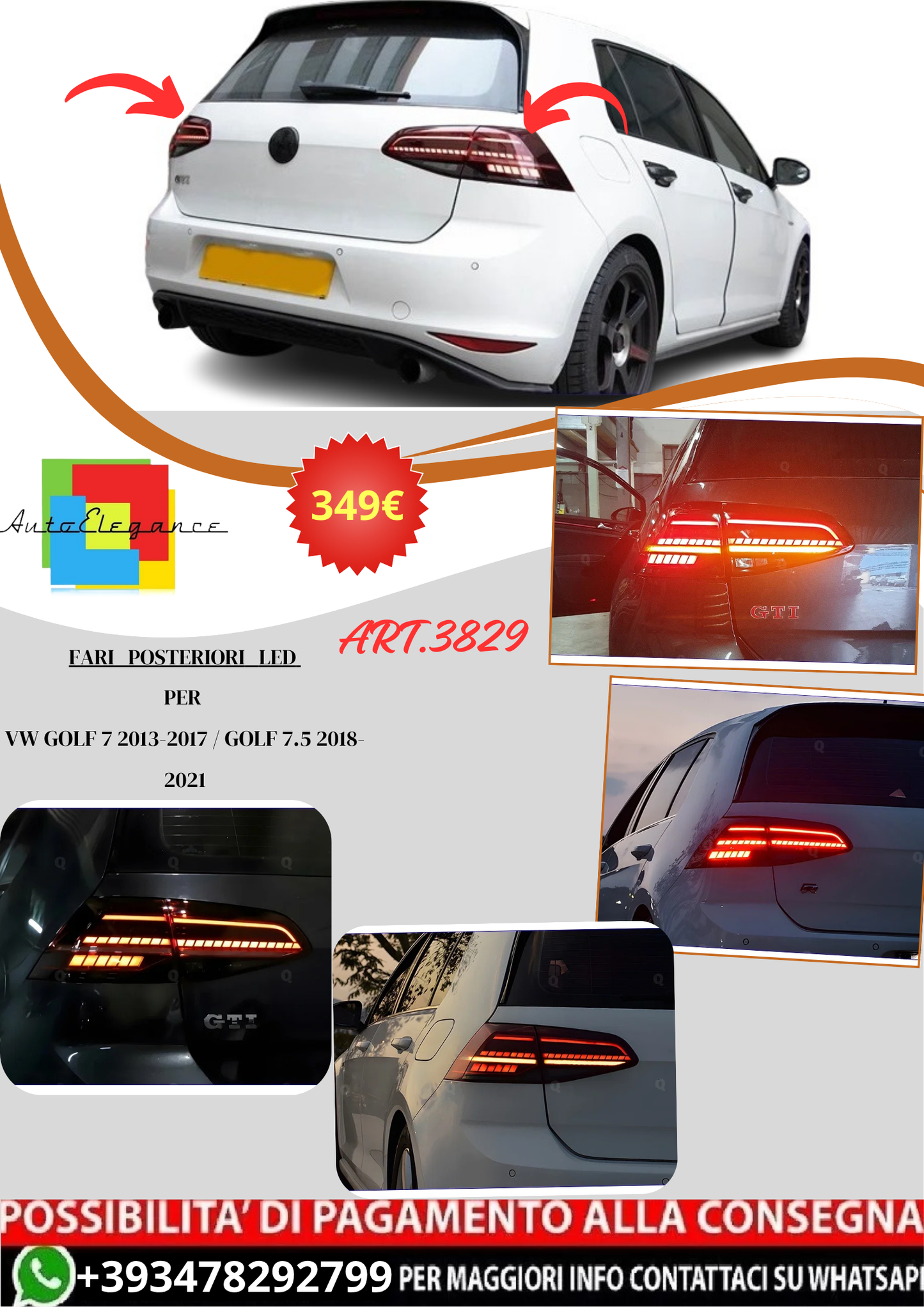 💫ART.3829 Fari Posteriori LED (dinamici) Per VW Golf 7 13-17 Golf 7.5 18-21💫
