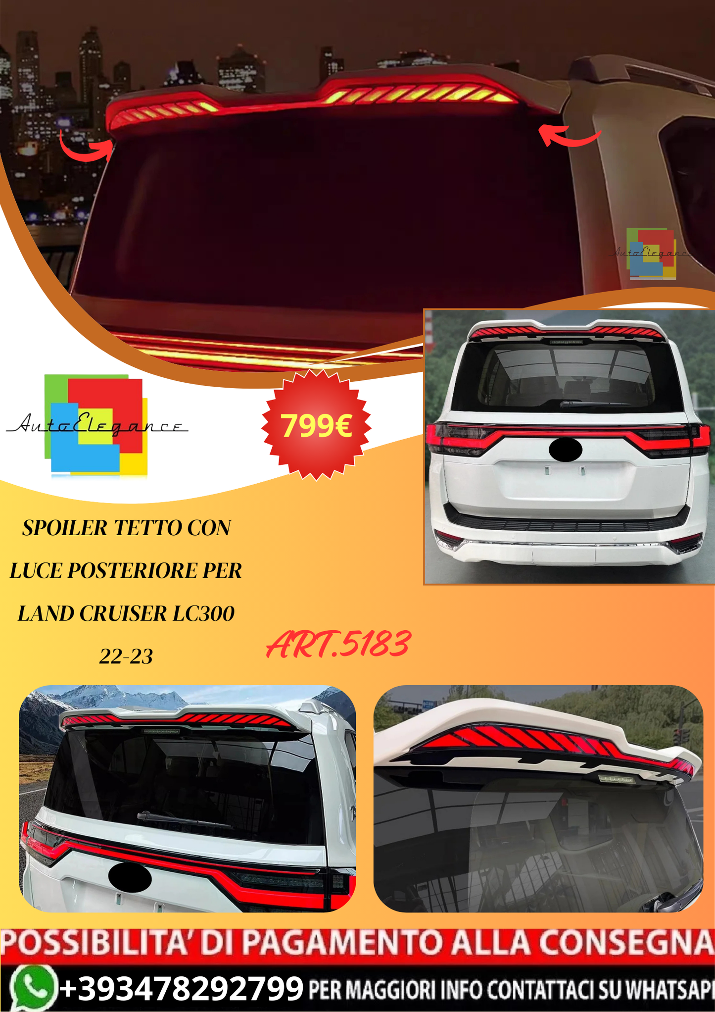 💫ART.5183 Spoiler Tetto Con Luce Posteriore per Land Cruiser LC300 22-23💫
