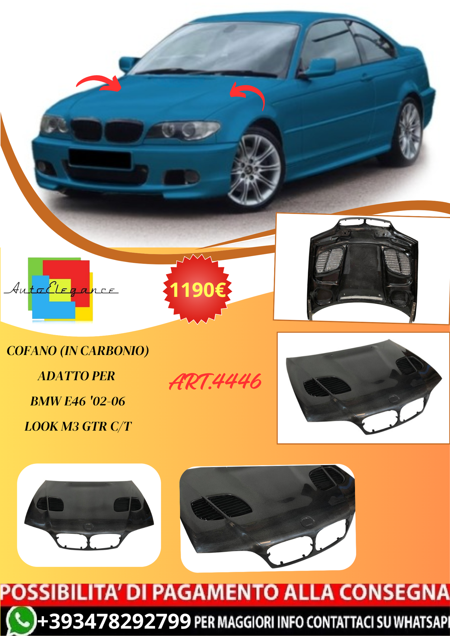 💫ART.4446 Cofano (In Carbonio) per BMW E46 '02-06 2P Look M3 GTR C/T💫
