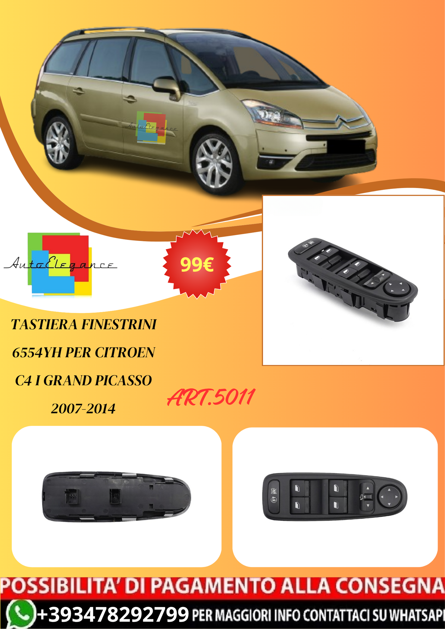 💫ART.5011 Tastiera Finestrini 6554YH per Citroen C4 I Grand Picasso 2007-2014💫