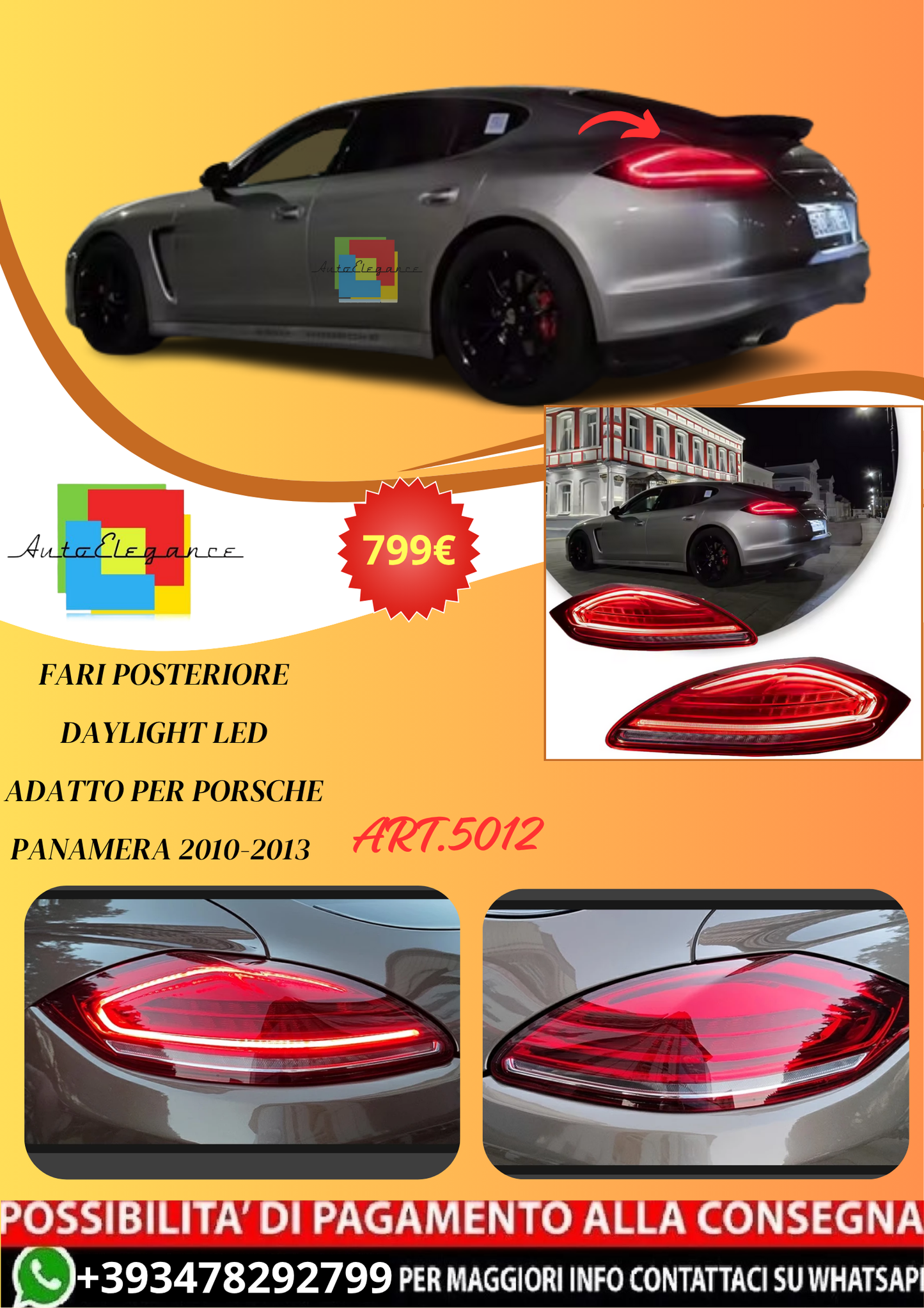 💫ART.5012 Fari Posteriore Daylight LED adatto per Porsche Panamera 2010-2013💫