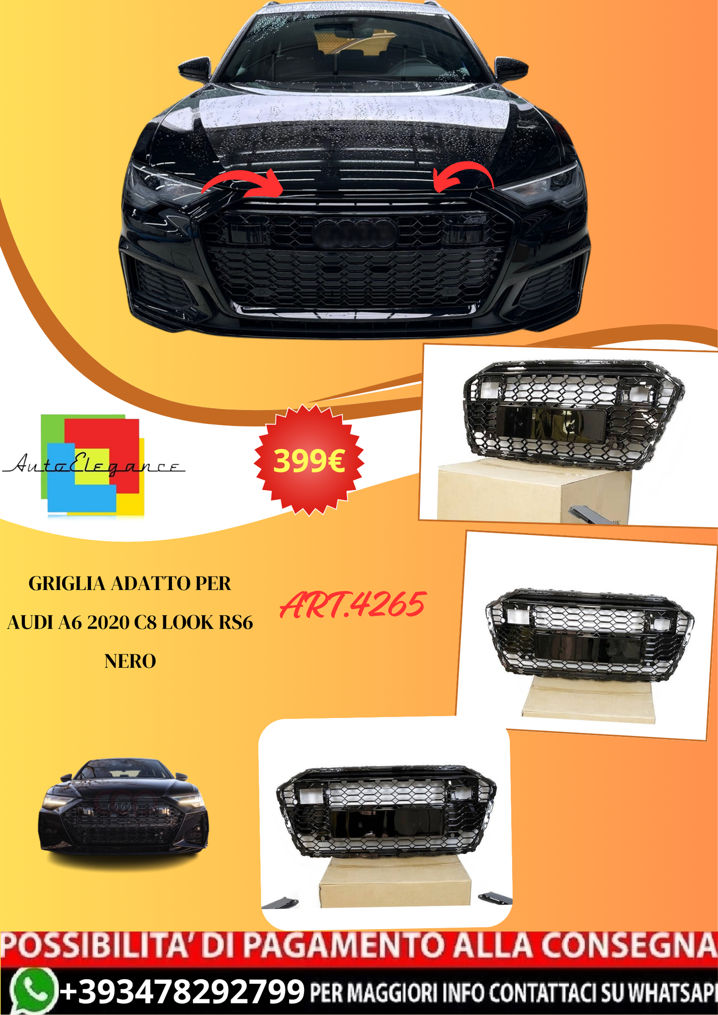 💫ART.4265 Griglia per Audi A6 2020 C8 Look RS6 Nero💫