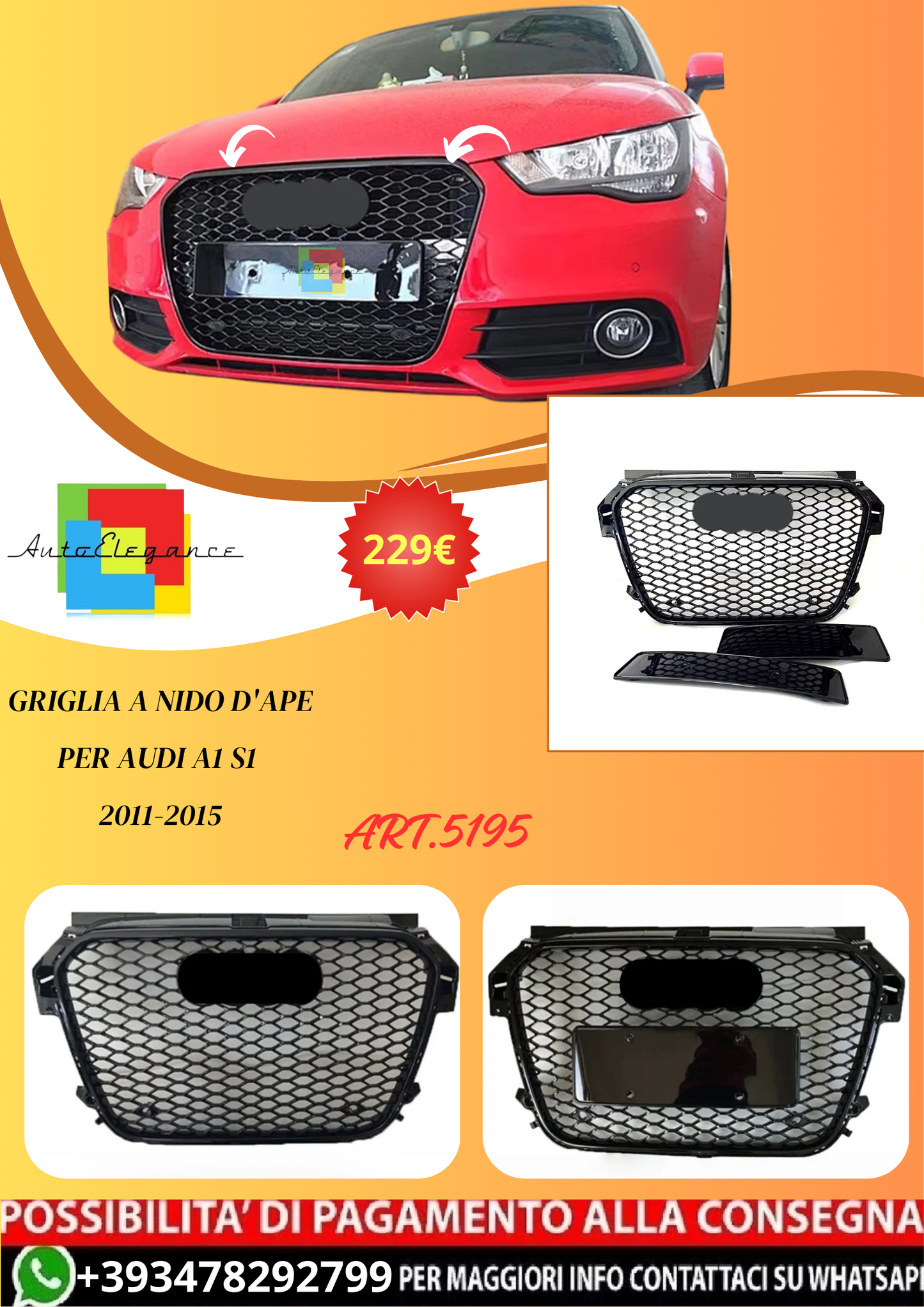 💫ART.5195 1005010033633059 Griglia a nido d'ape per Audi A1 S1 2011-2015💫