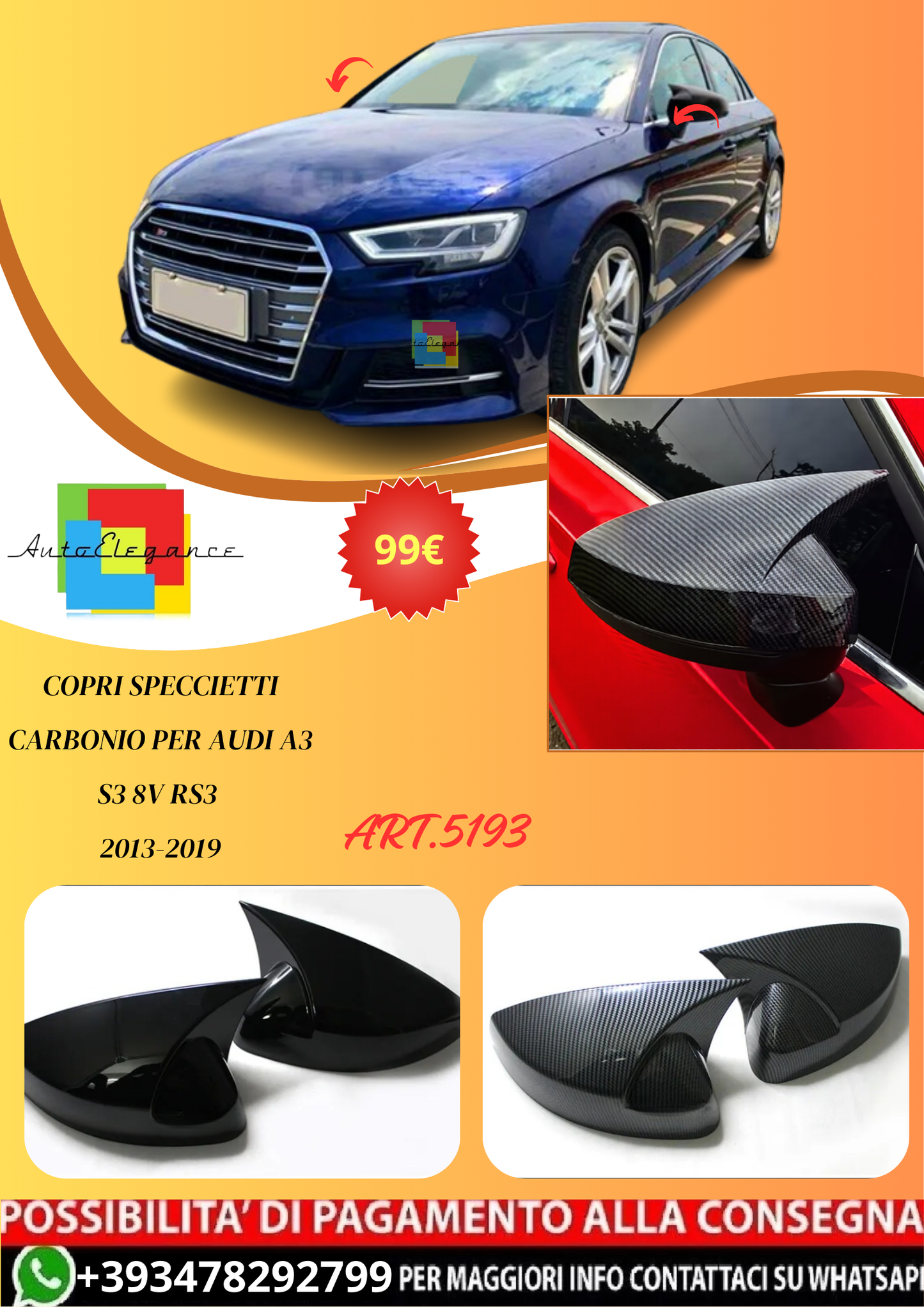 💫ART.5193 Copri Speccietti Carbonio/Nero per Audi A3 S3 8V RS3 2013-2019💫