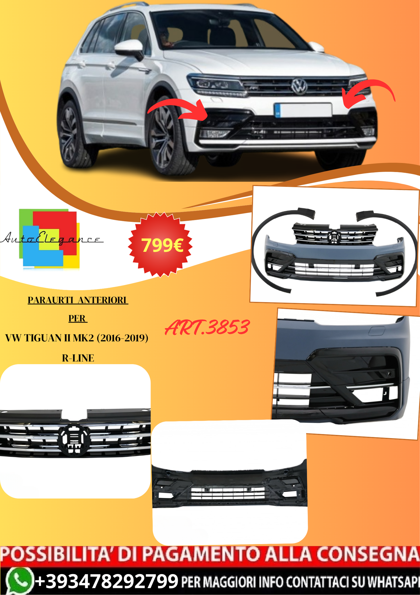 💫ART.3853 Paraurti anteriore adatto per VW Tiguan II Mk2 R-LINE 16-19💫