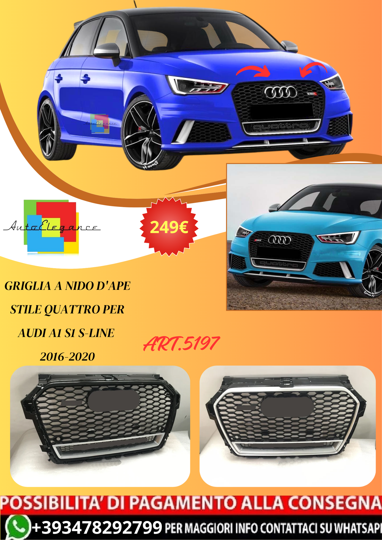 💫ART.5197 Griglia a nido d'ape Stile Quattro per Audi A1 S1 S-line 2016-2020💫