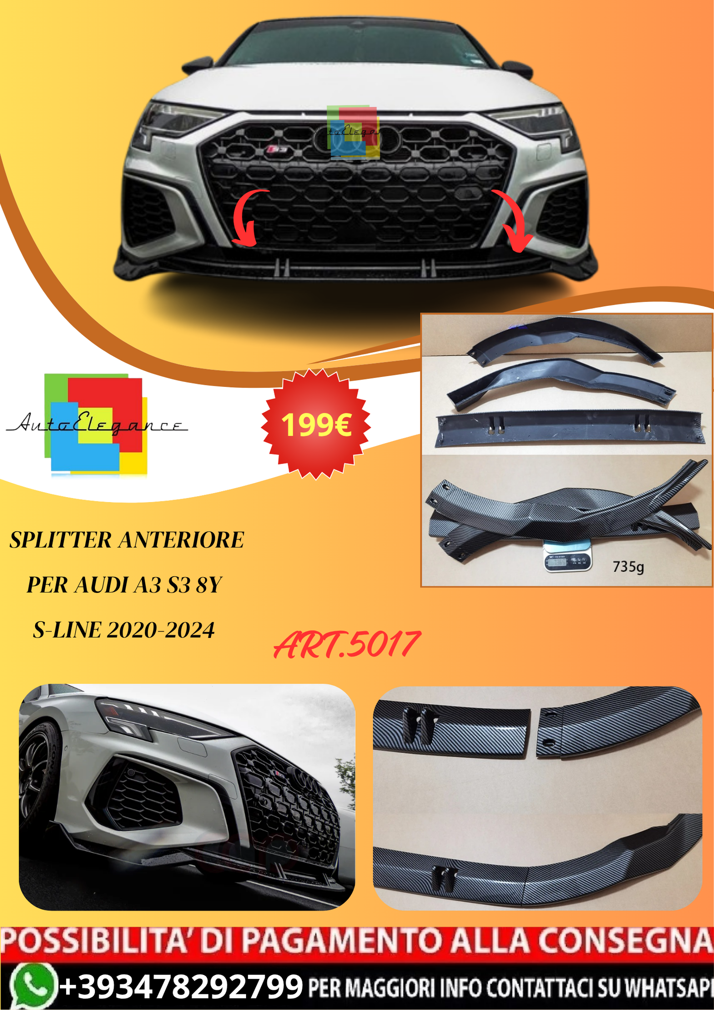 💫ART.5017 Splitter Anteriore per Audi A3 S3 8Y S-Line 2020-2024💫