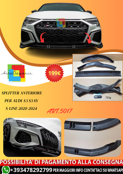 💫ART.5017 Splitter Anteriore per Audi A3 S3 8Y S-Line 2020-2024💫