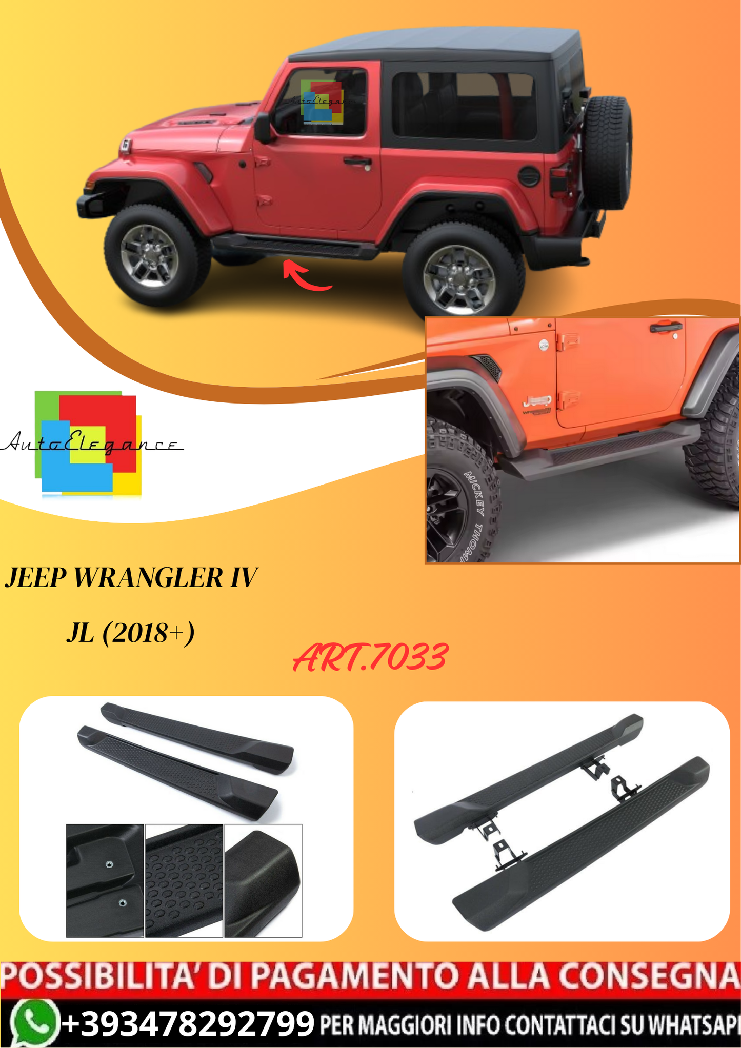 💫ART.7033 Pedane Laterali Jeep Wrangler IV JL (2018+) 2 Doors stile OEM💫