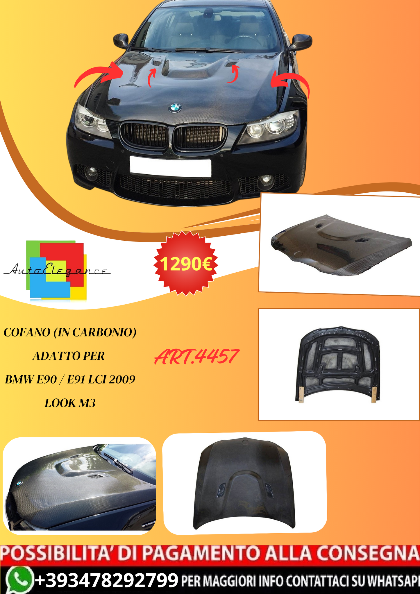 💫ART.4457 Cofano (In Carbonio) adatto per BMW E90 / E91 LCI 2009 Look M3💫