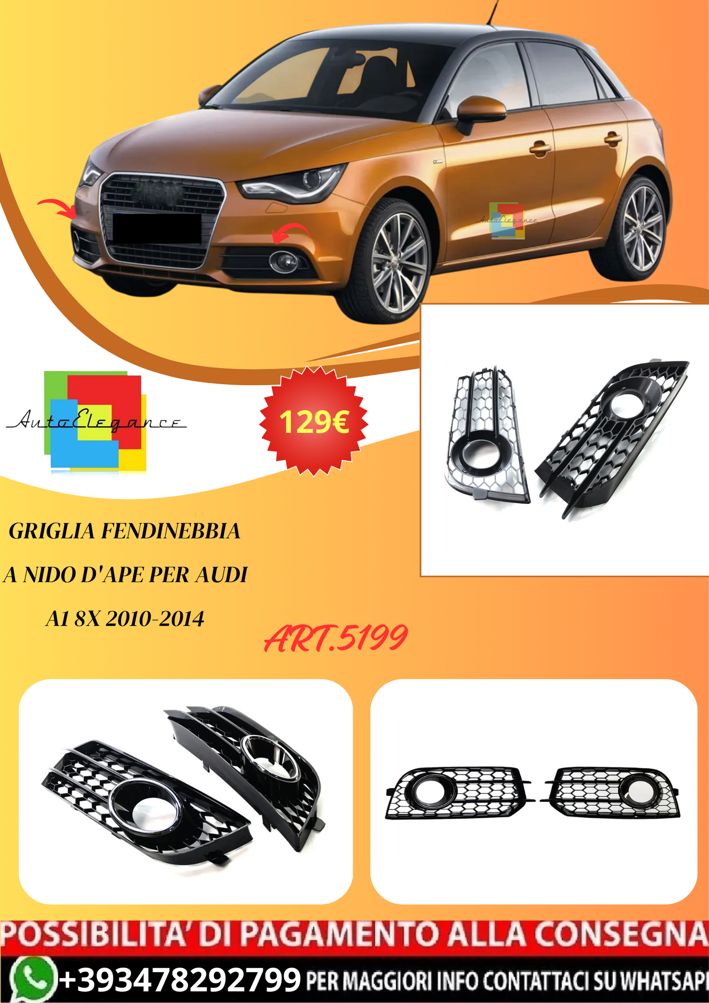 💫ART.5199 Griglia Fendinebbia A Nido D'ape Per Audi A1 8X 2010-2014💫