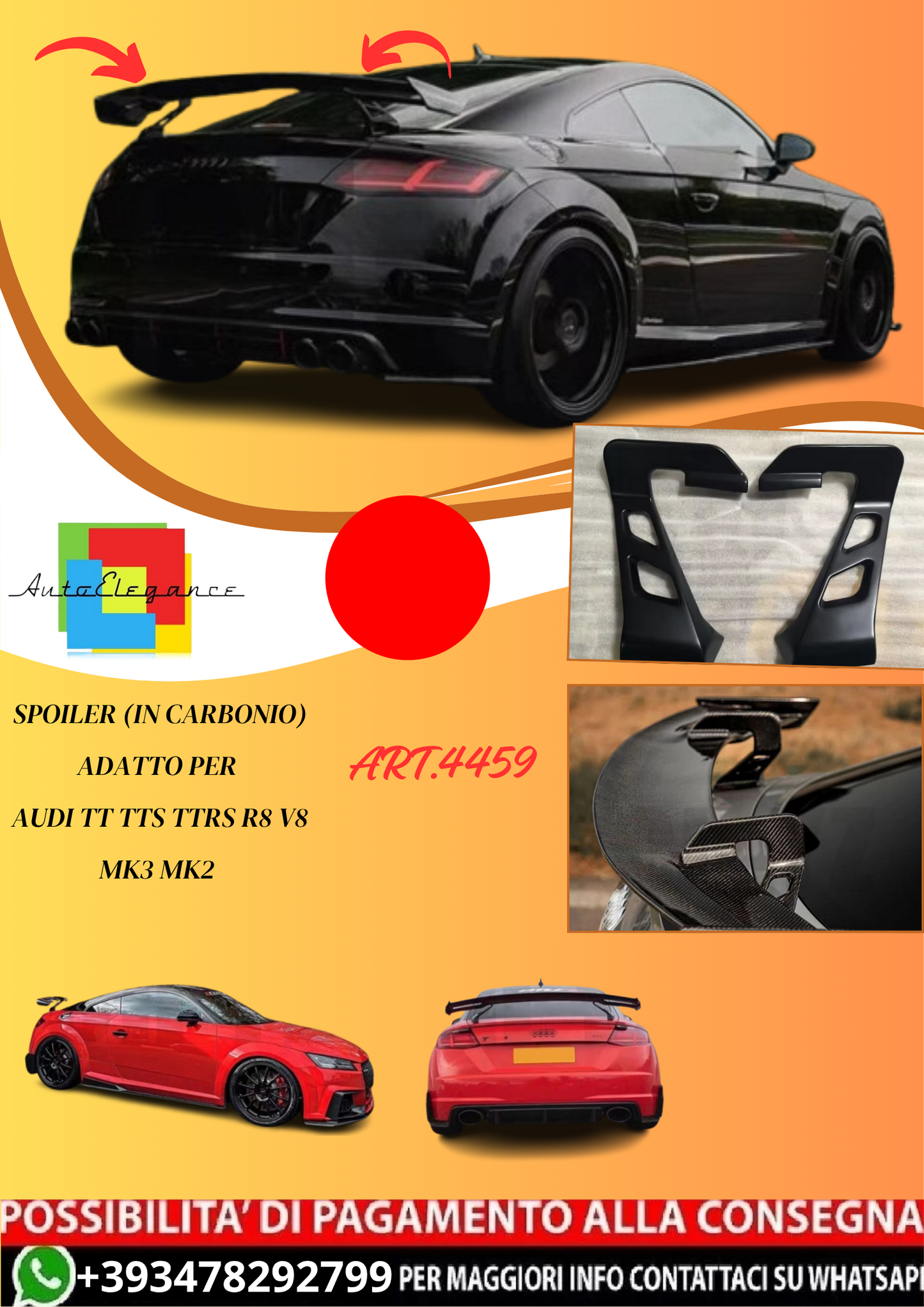 💫ART.4459 Spoiler In Carbonio adatto per Audi TT TTS TTRS R8 V8 MK3 Mk2💫