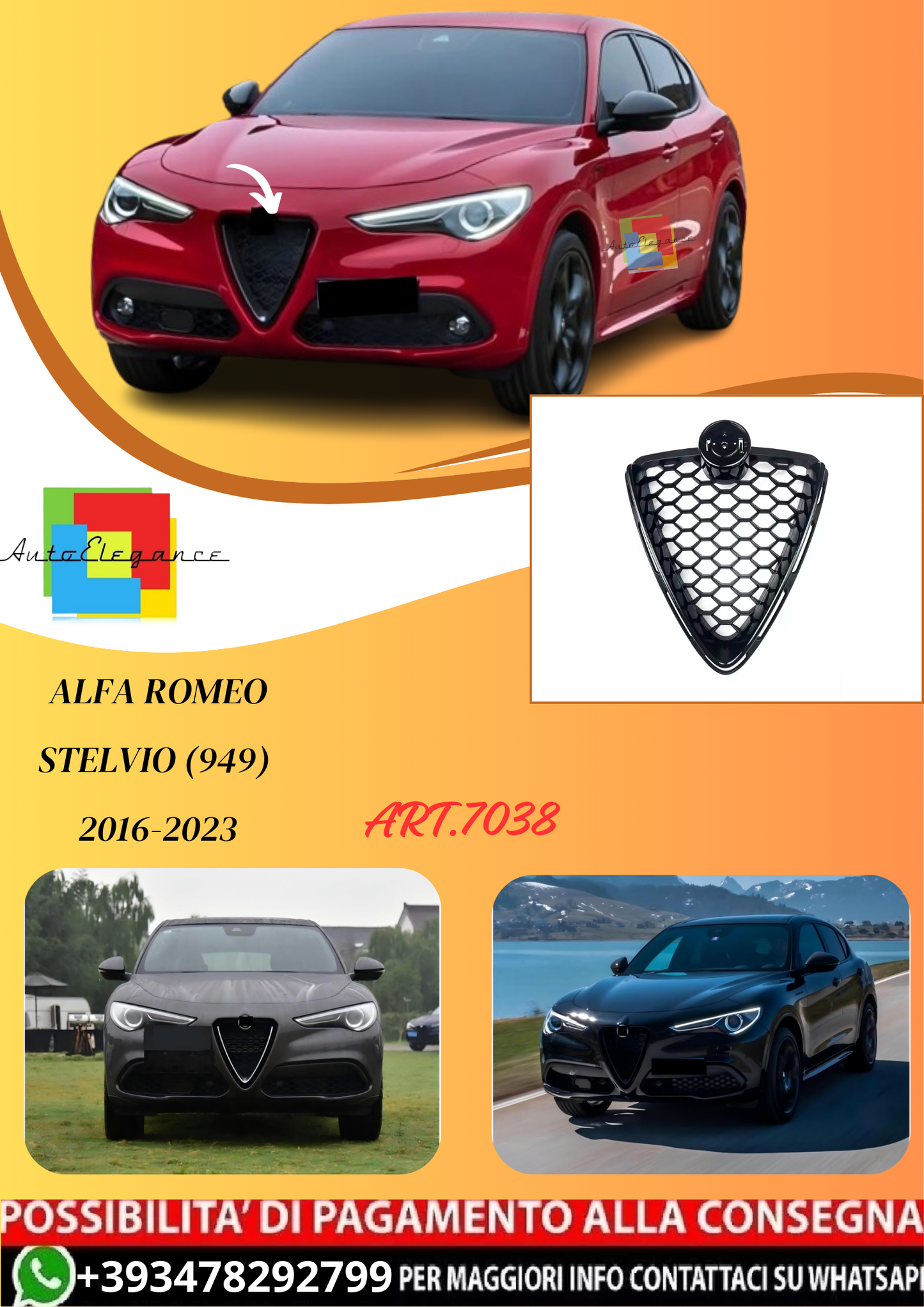 💫ART.7038 Griglia Anteriore Nero Pianoforte per Alfa Romeo Stelvio (949) 2016-2023💫