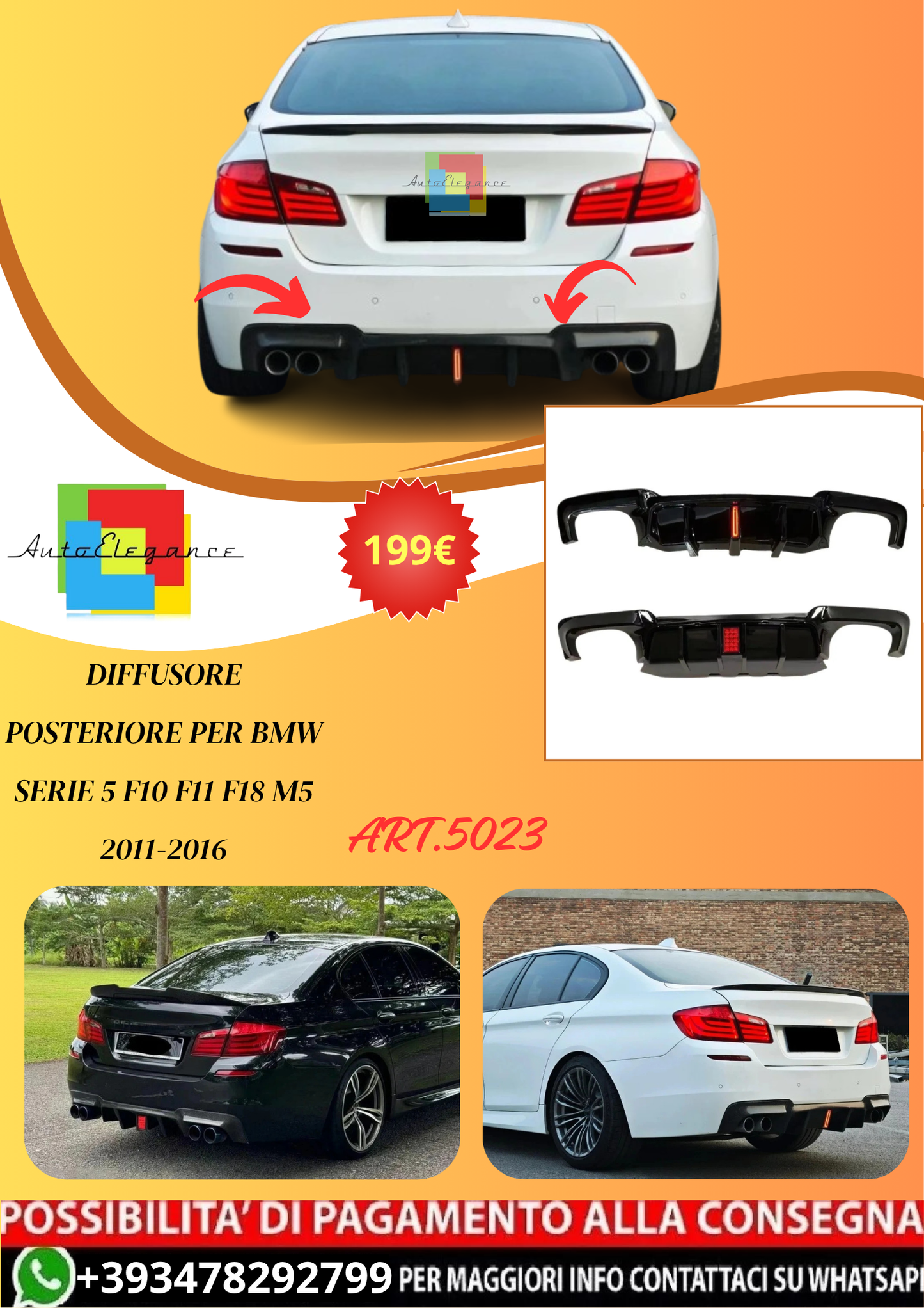 💫ART.5023 Diffusore Posteriore per BMW Serie 5 F10 F11 F18 M5 2011-2016💫