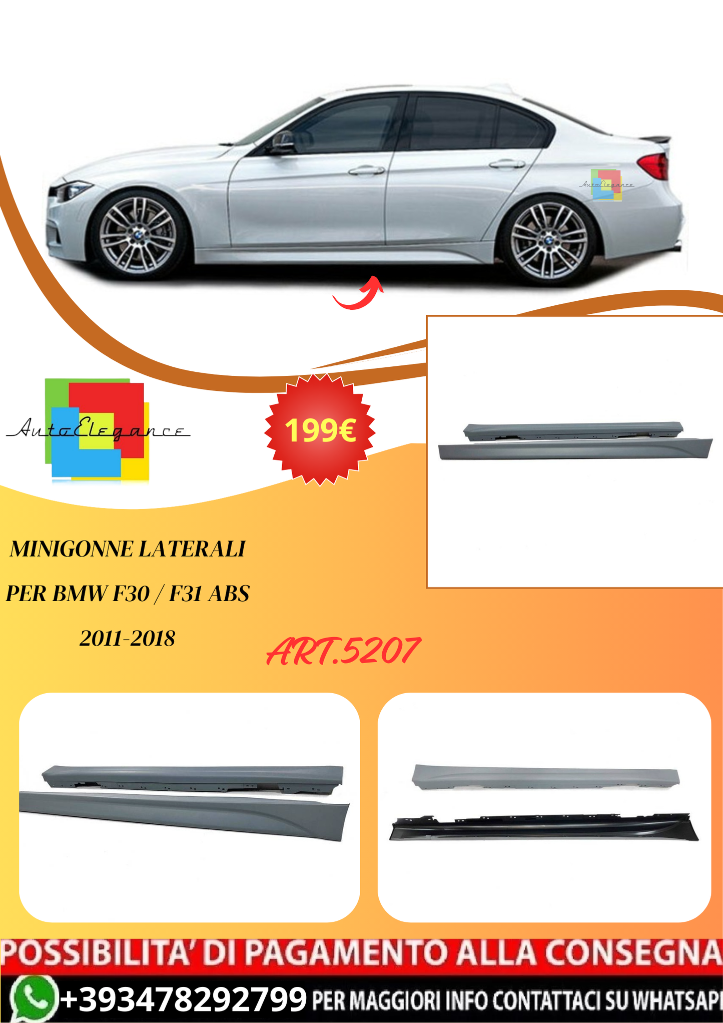 💫ART.5207 Minigonne Laterali per BMW F30 / F31 ABS 2011-2018💫