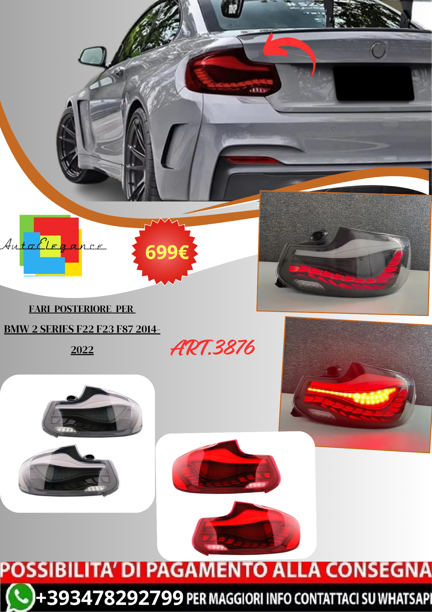 💫ART.3876 Fari Posteriori LED per BMW 2 Series F22 F23 F87 2014-2022💫