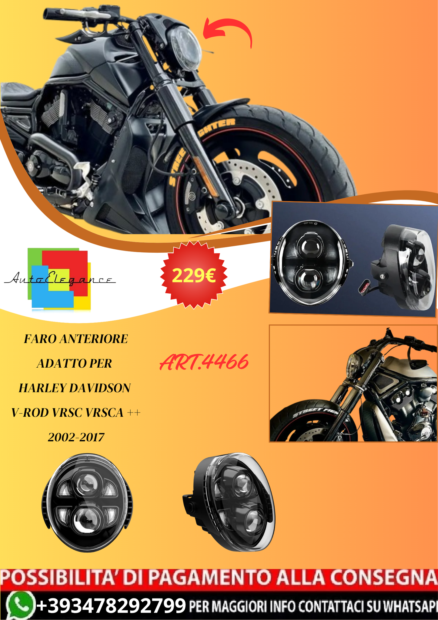 💫ART.4466 Faro Anteriore per Harley Davidson V-Rod VRSC VRSCA VRSCB 2002-2017💫