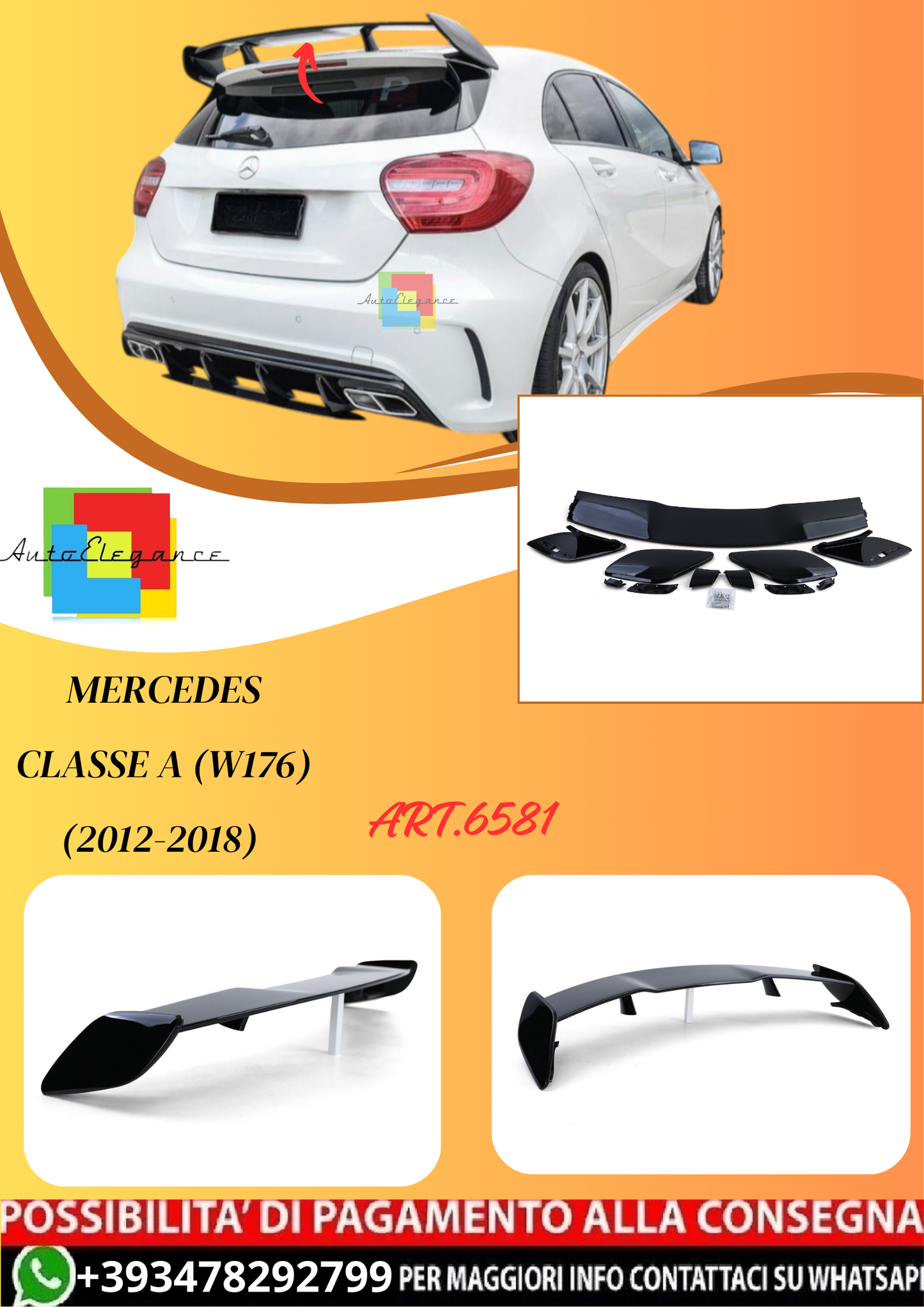 💫ART.6581 Spoiler tetto A45 AMG Look per Mercedes Classe A (W176) (2012-2018)💫