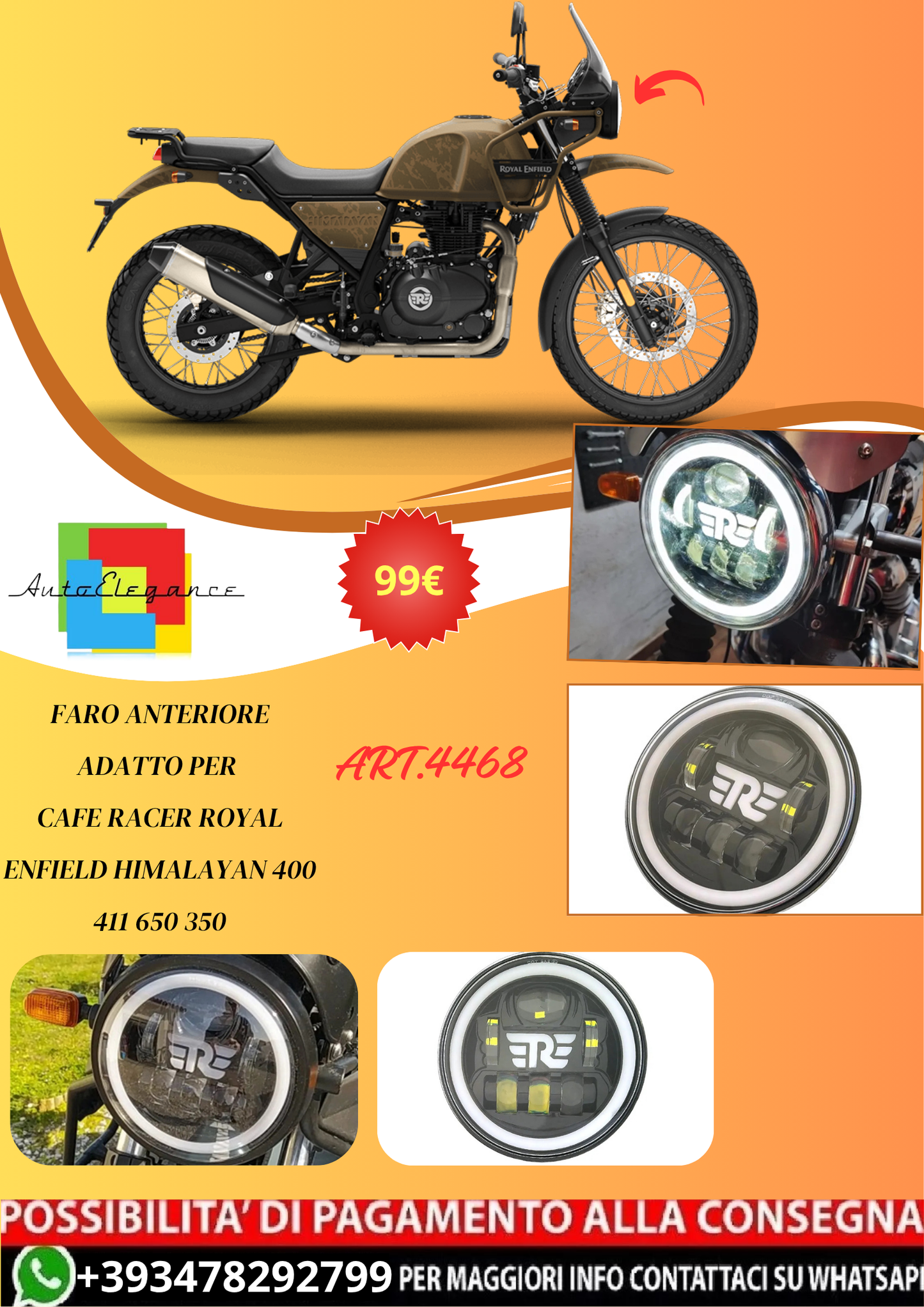 💫ART.4468 Faro Anterioire LED per Cafe Racer Royal Enfield Himalayan 400 411💫