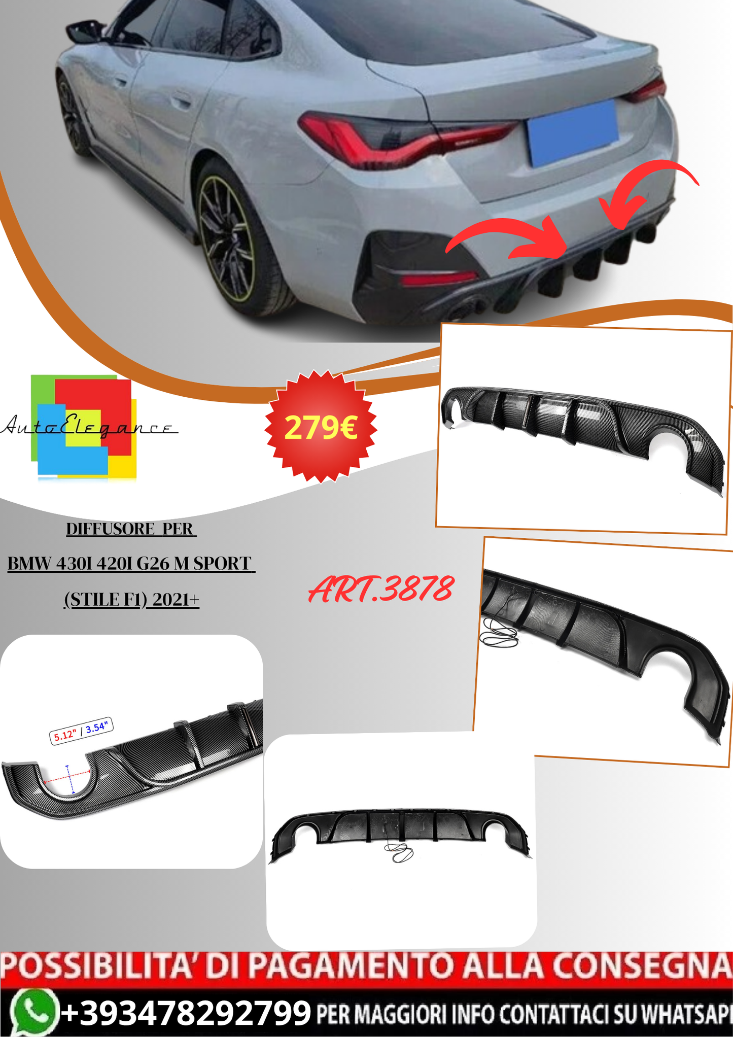 💫ART.3878 Diffusore per BMW 430i 420i G26 M Sport (Stile F1) 2021+💫