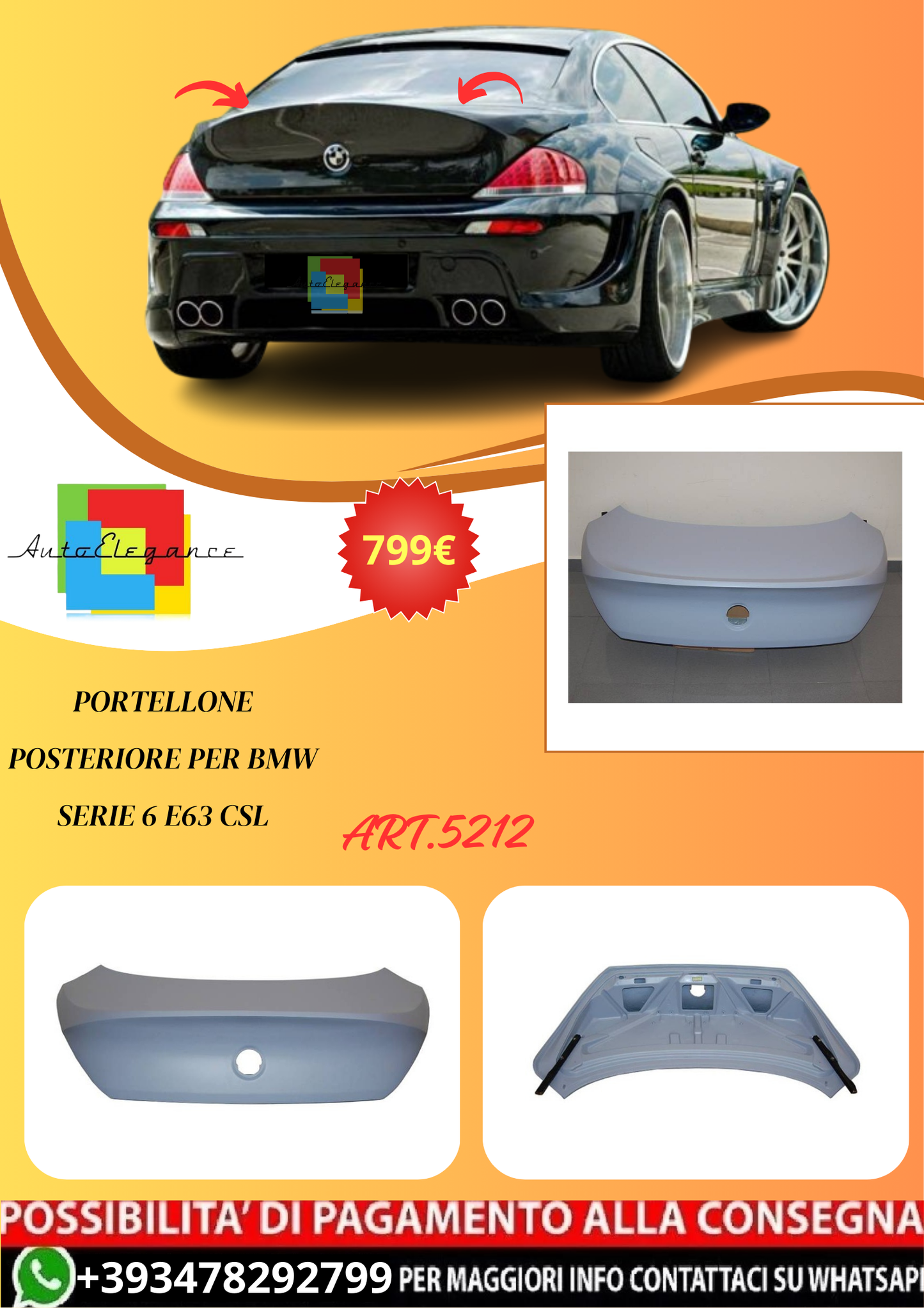 💫ART.5212 Portellone Posteriore per BMW Serie 6 E63 CSL💫